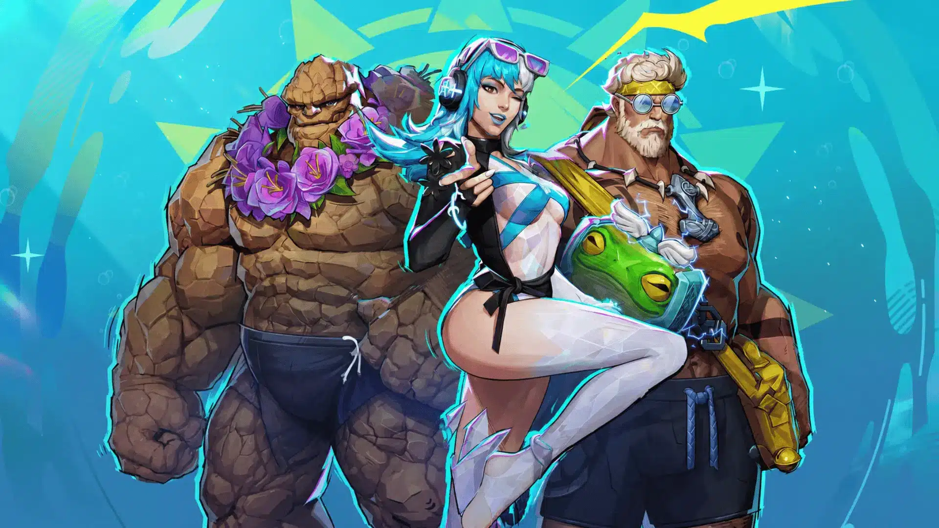 Three comic-style summer characters pose against a bright teal background with tropical shapes and neon accents.