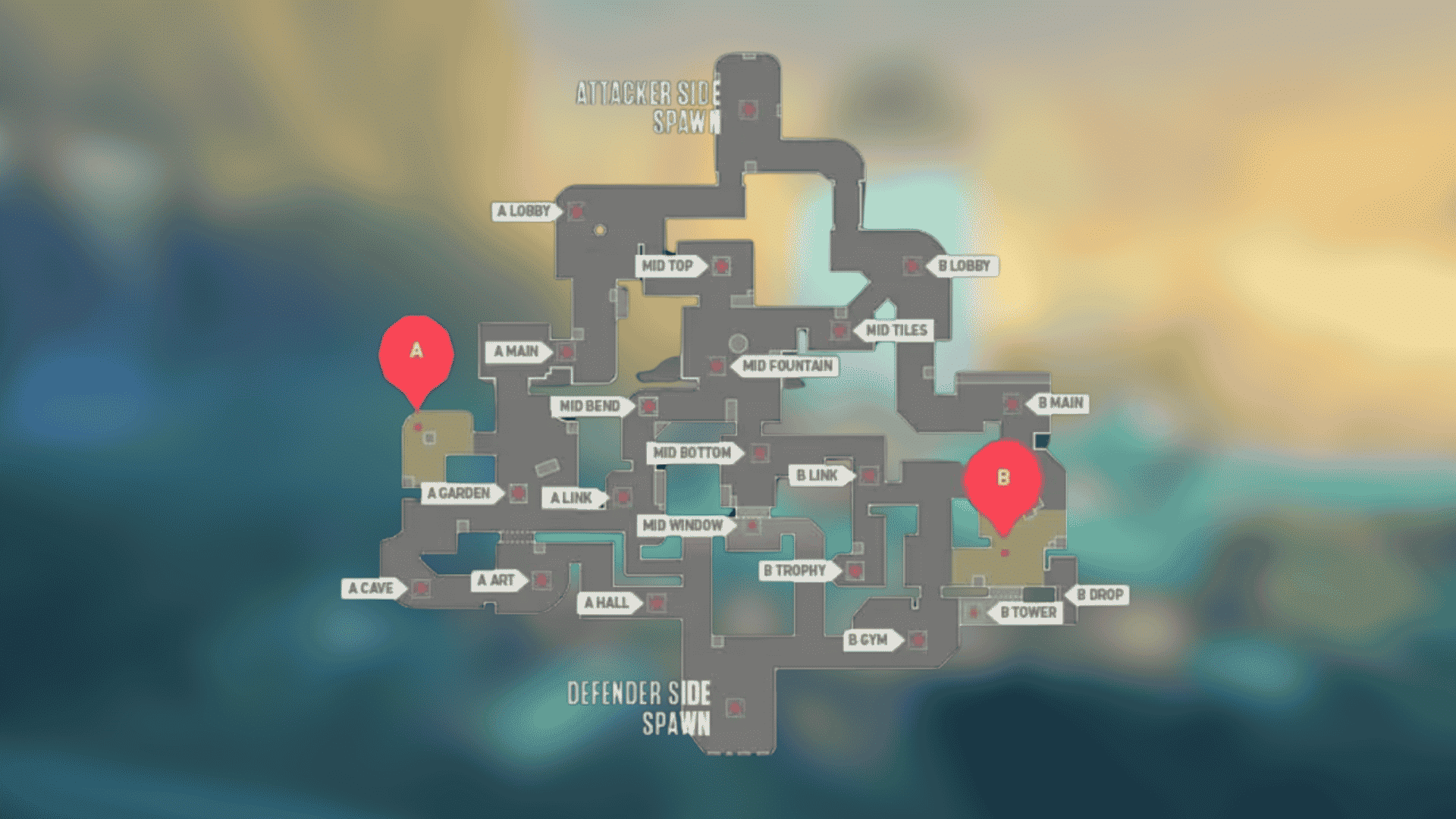Valorant Summit map layout showing A and B sites, attacker spawn, defender spawn, mid, and key callouts.