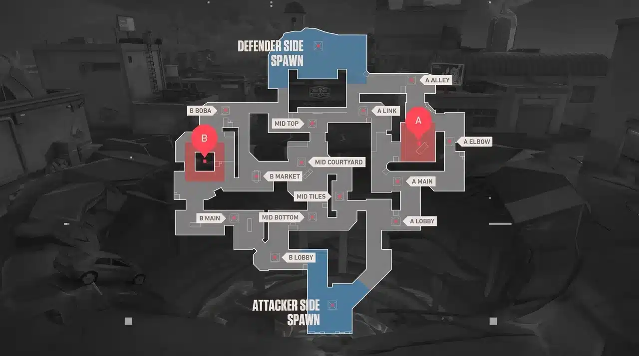 Valorant Sunset map layout showing A and B spike sites, mid courtyard control, attacker and defender spawns