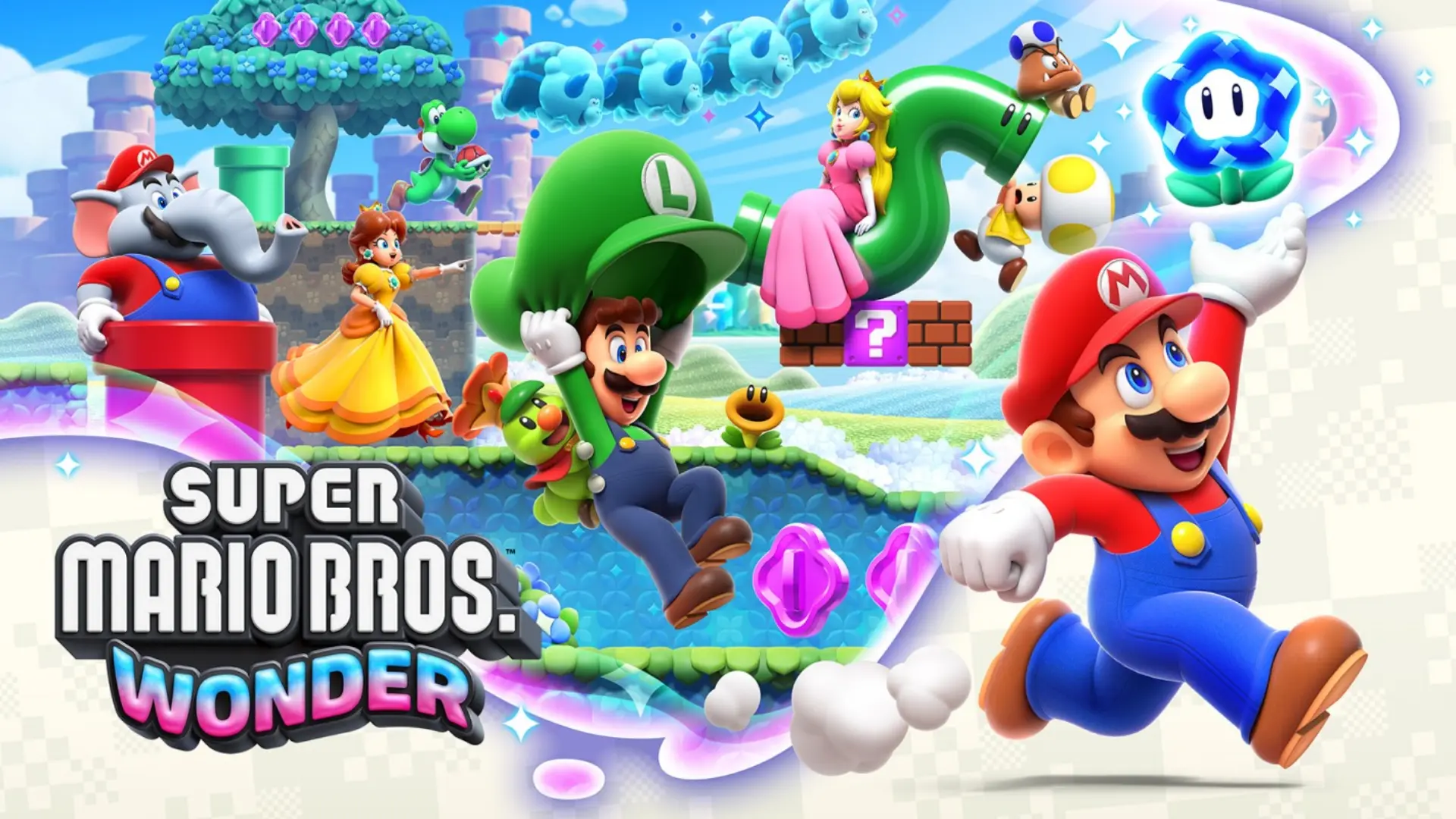 Super Mario Bros Wonder characters including Mario, Luigi, Peach, Daisy in colorful platform scene