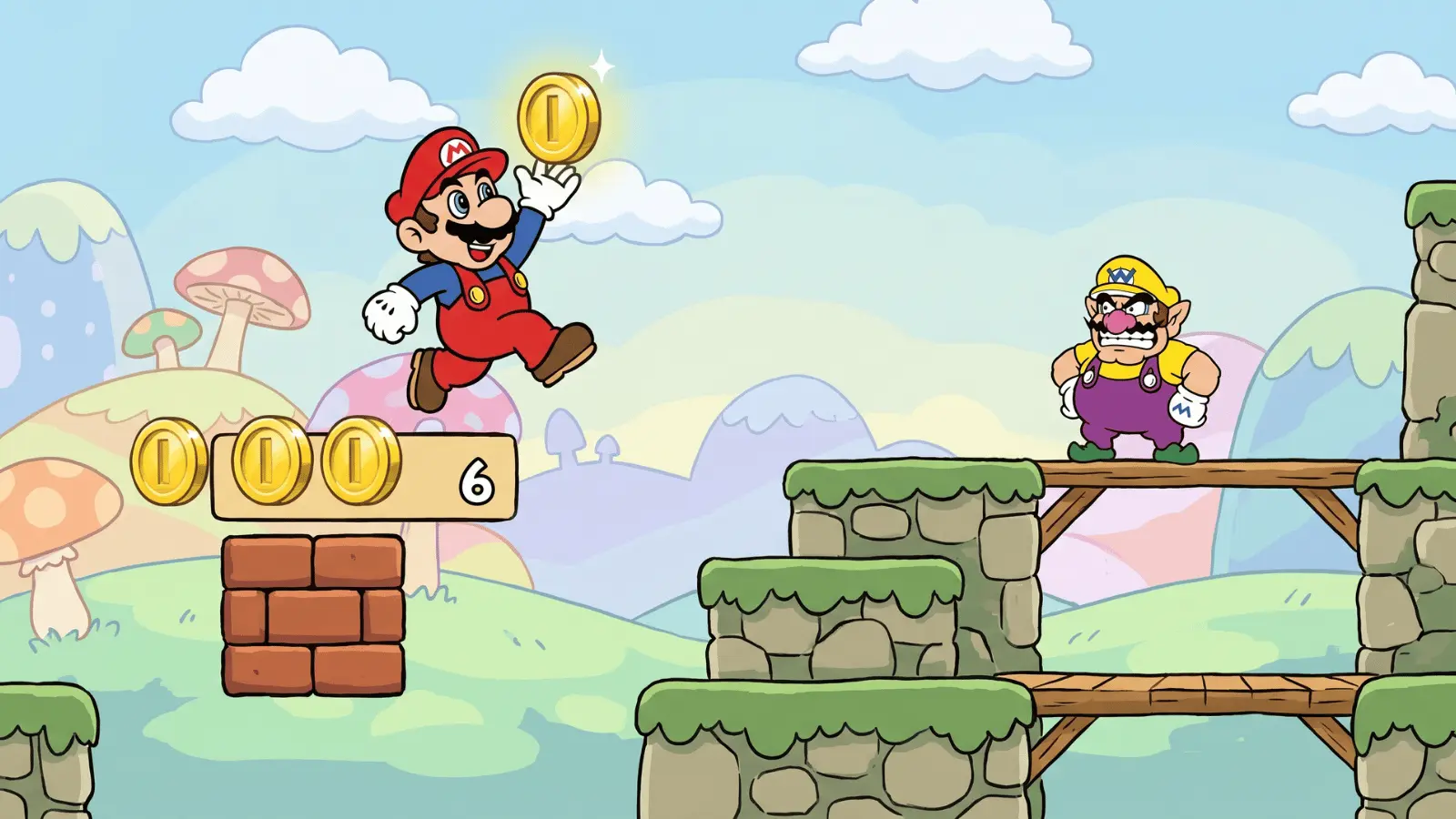 Mario collecting golden coins with Wario present