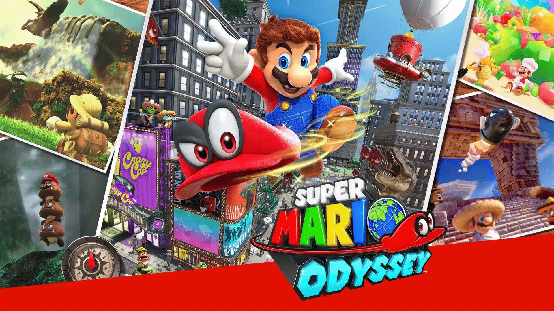 Super Mario Odyssey artwork showing Mario and Cappy jumping through a colorful city and themed worlds collage