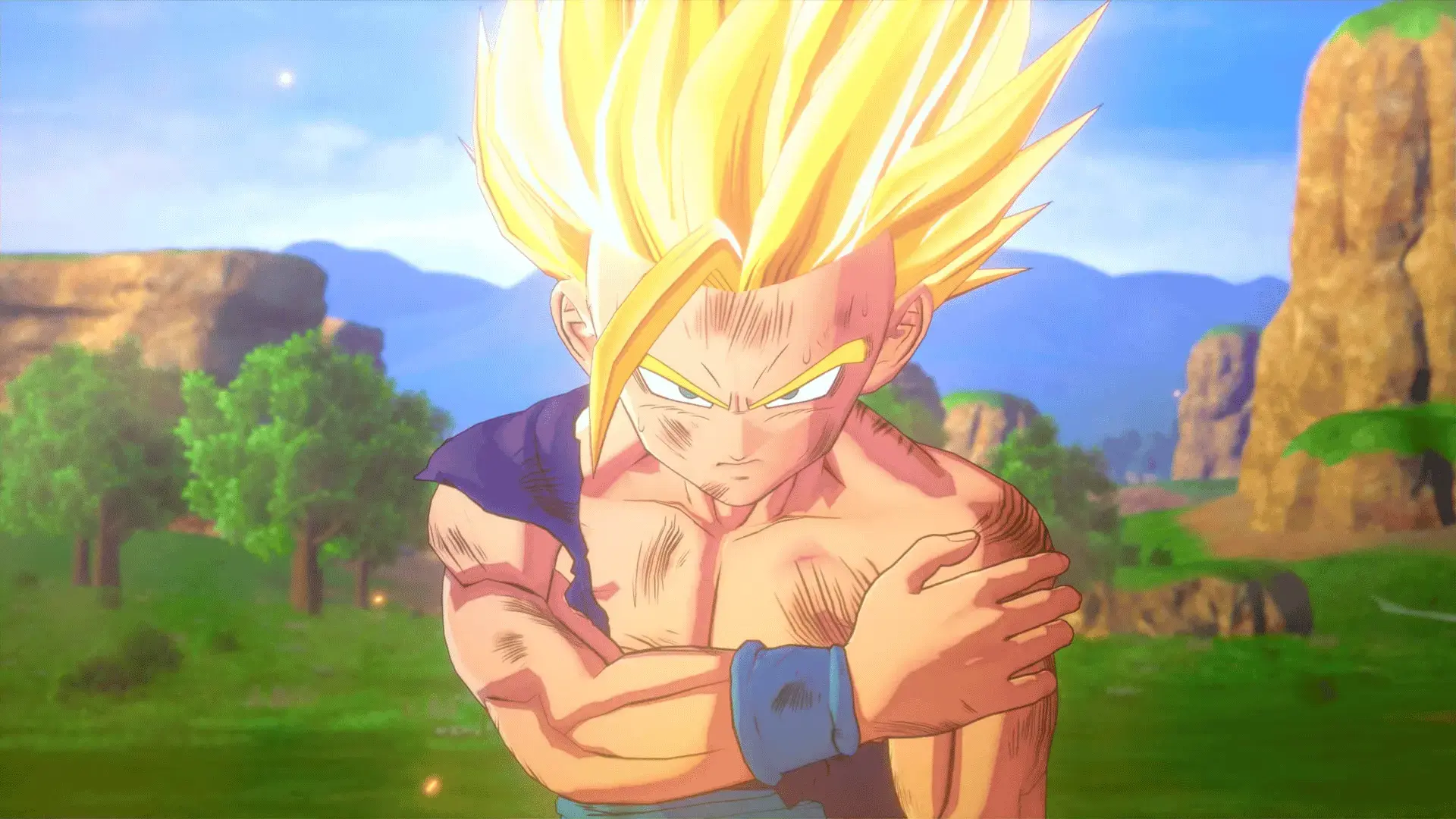 Super Saiyan Gohan standing battle-worn in a grassy landscape in Dragon Ball Z: Kakarot.
