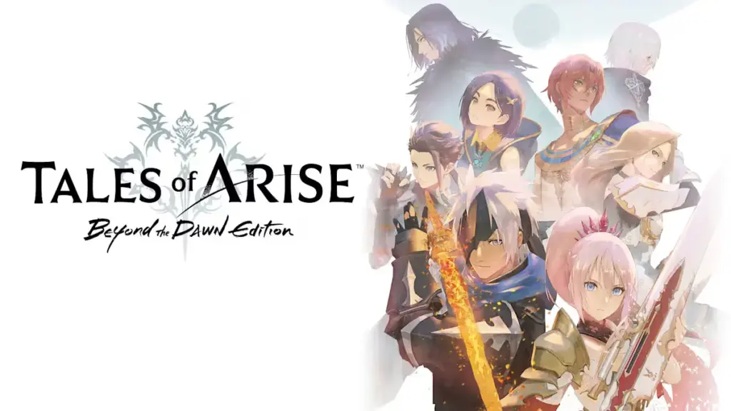 Key art for 'Tales of Arise: Beyond the Dawn Edition' with the game logo and a group portrait of the eight playable characters.