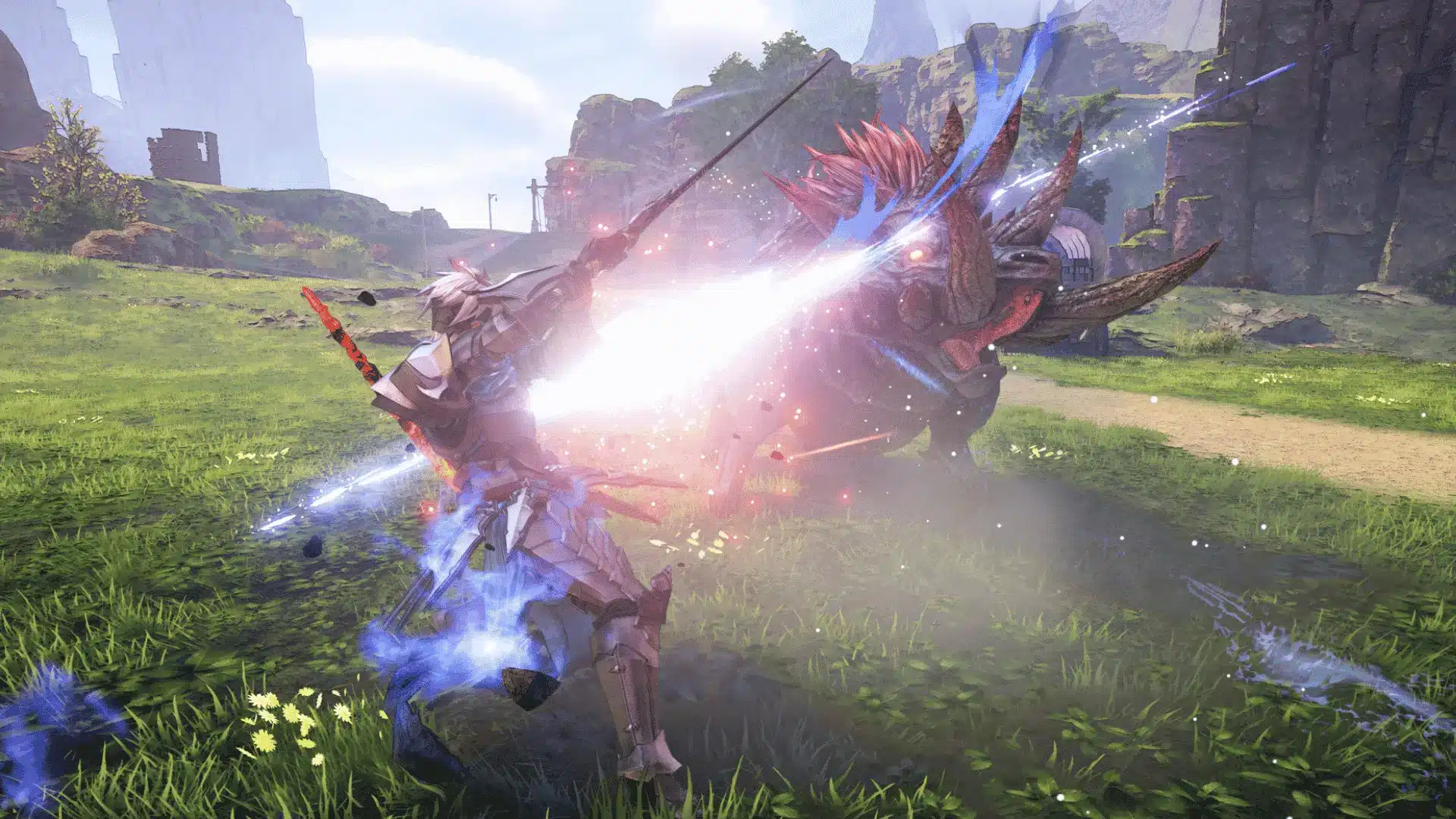 Tales of Arise gameplay showing a sword attack against a horned monster in a grassy arena
