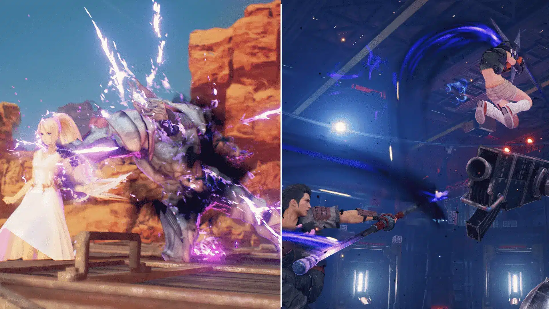 Split screens of a fantasy video game showing magical attacks and characters in action.