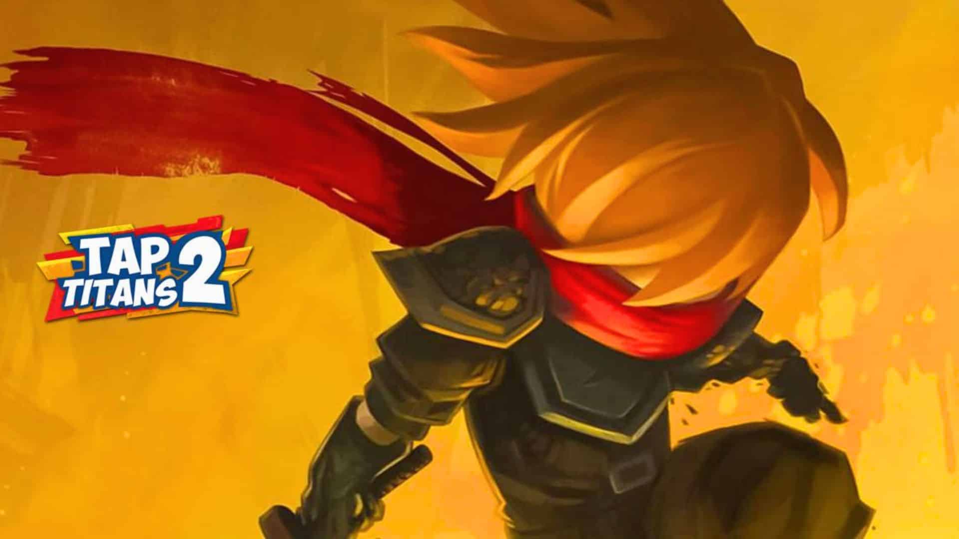 Tap Titans 2 game logo with a fantasy warrior character and action-themed background.