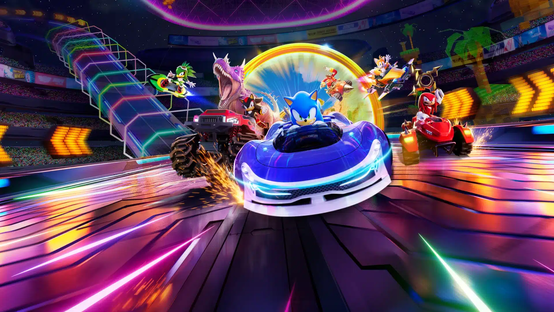 Sonic races rivals through a neon stadium track filled with colorful cars and chaos