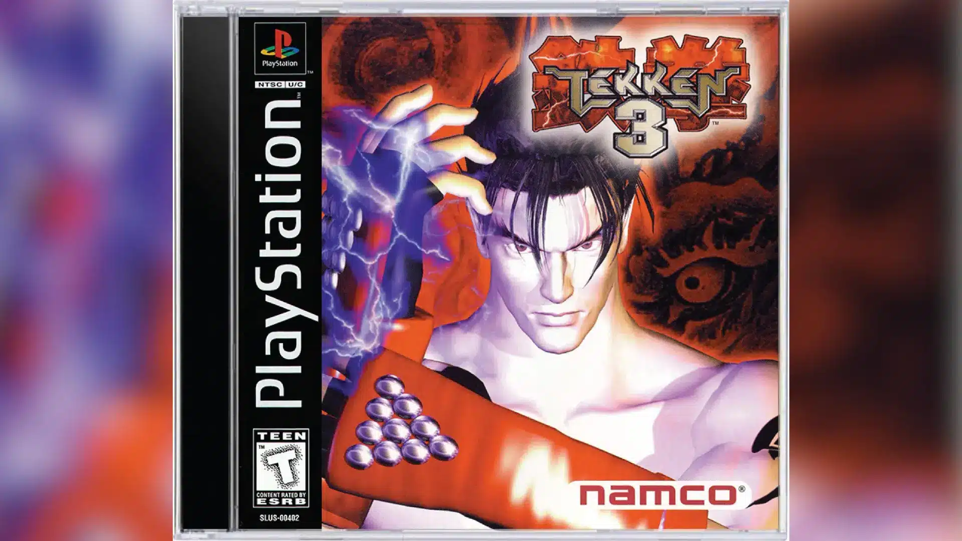 Tekken 3 PlayStation game cover featuring Jin Kazama with lightning around his hand.