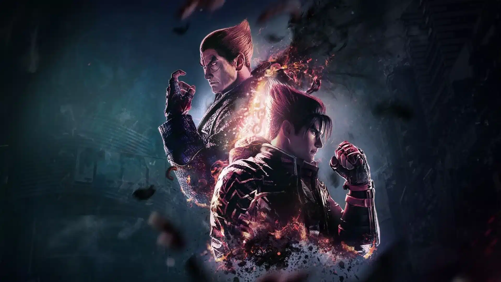 Two Tekken fighters pose amid flames and drifting debris in a dark battle scene