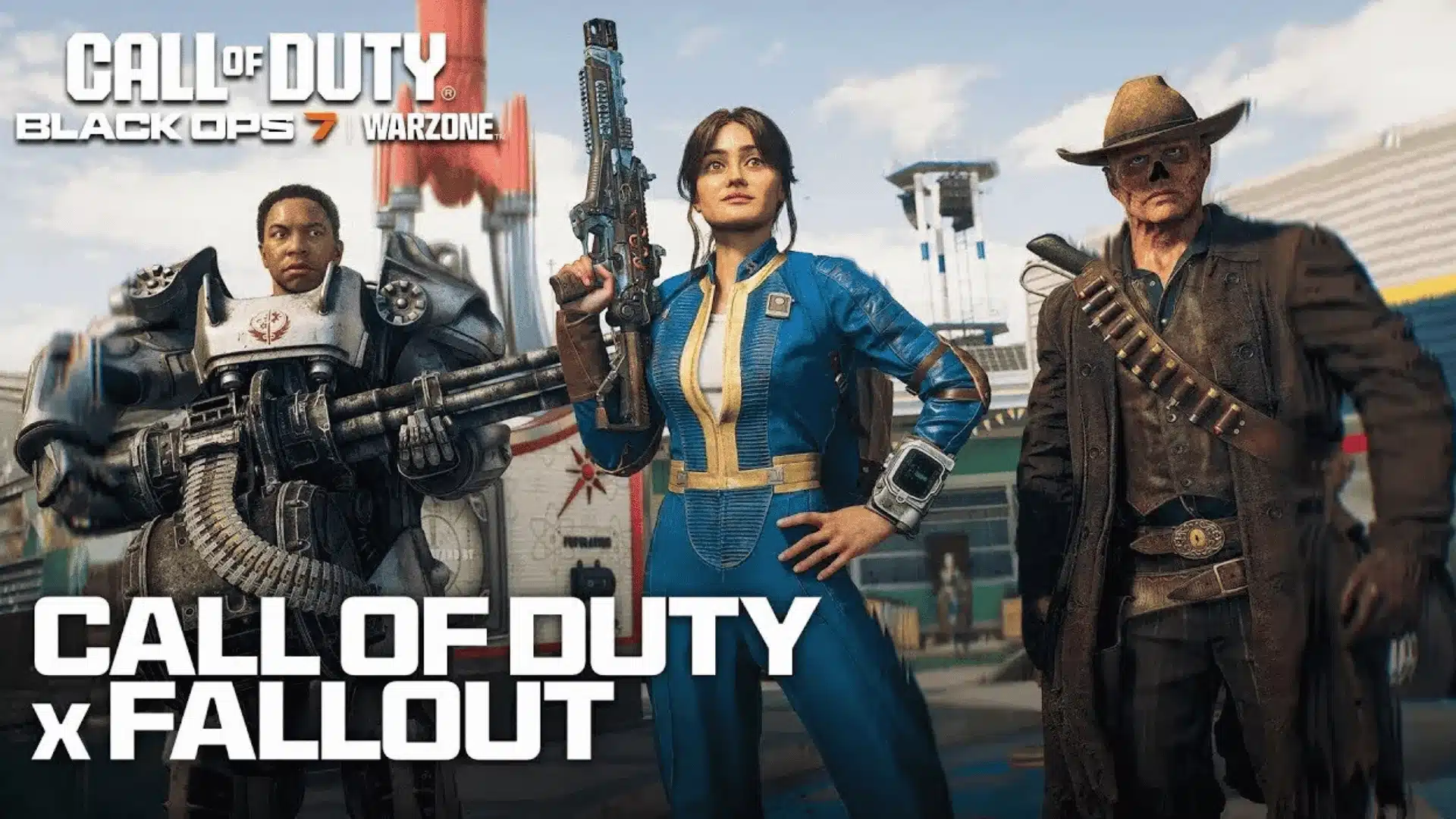 Promotional image for a Call of Duty x Fallout crossover event featuring characters from the Fallout universe.