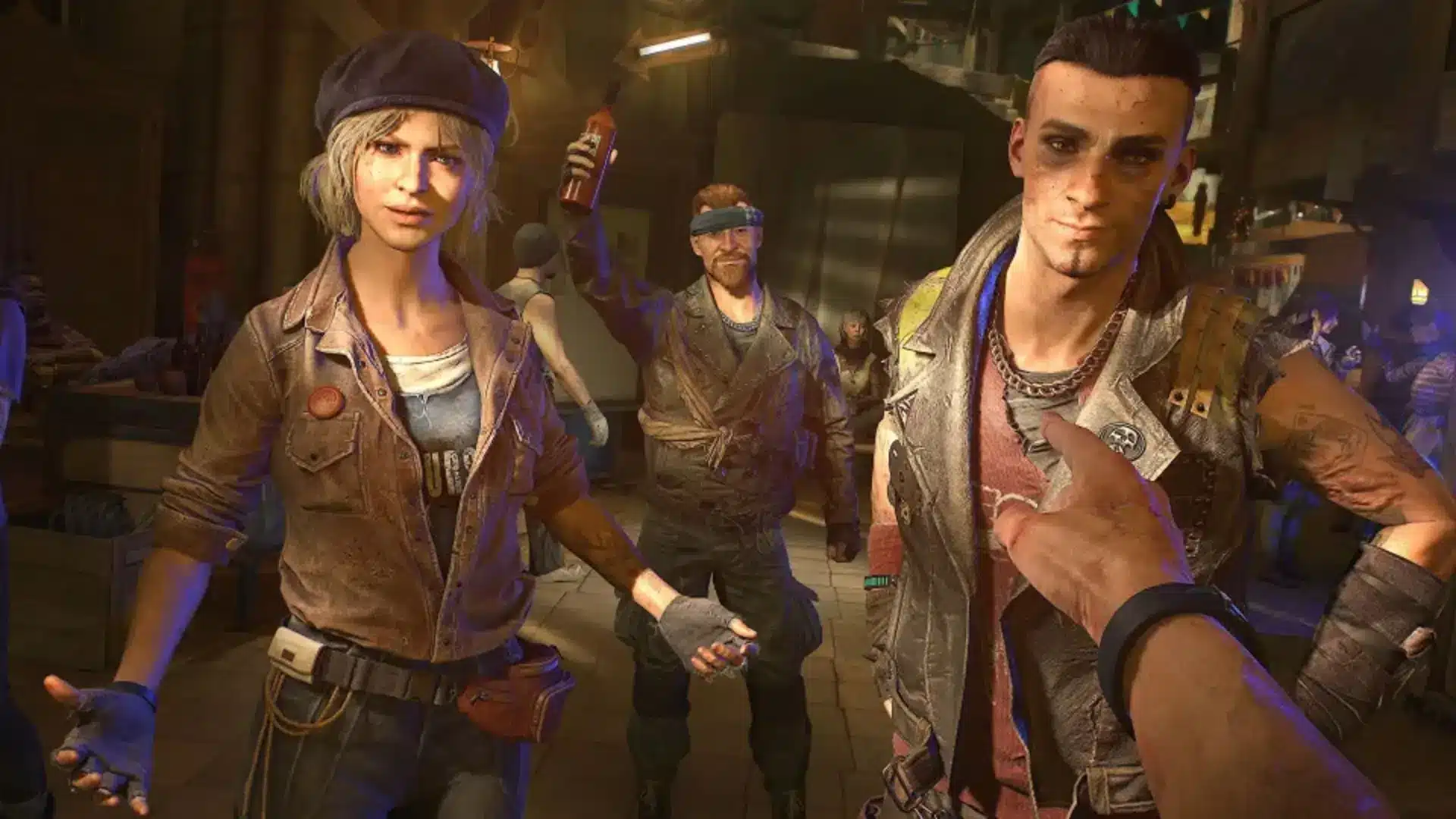 Dying Light 2 characters gathered inside a survivor settlement with the player character interacting with them