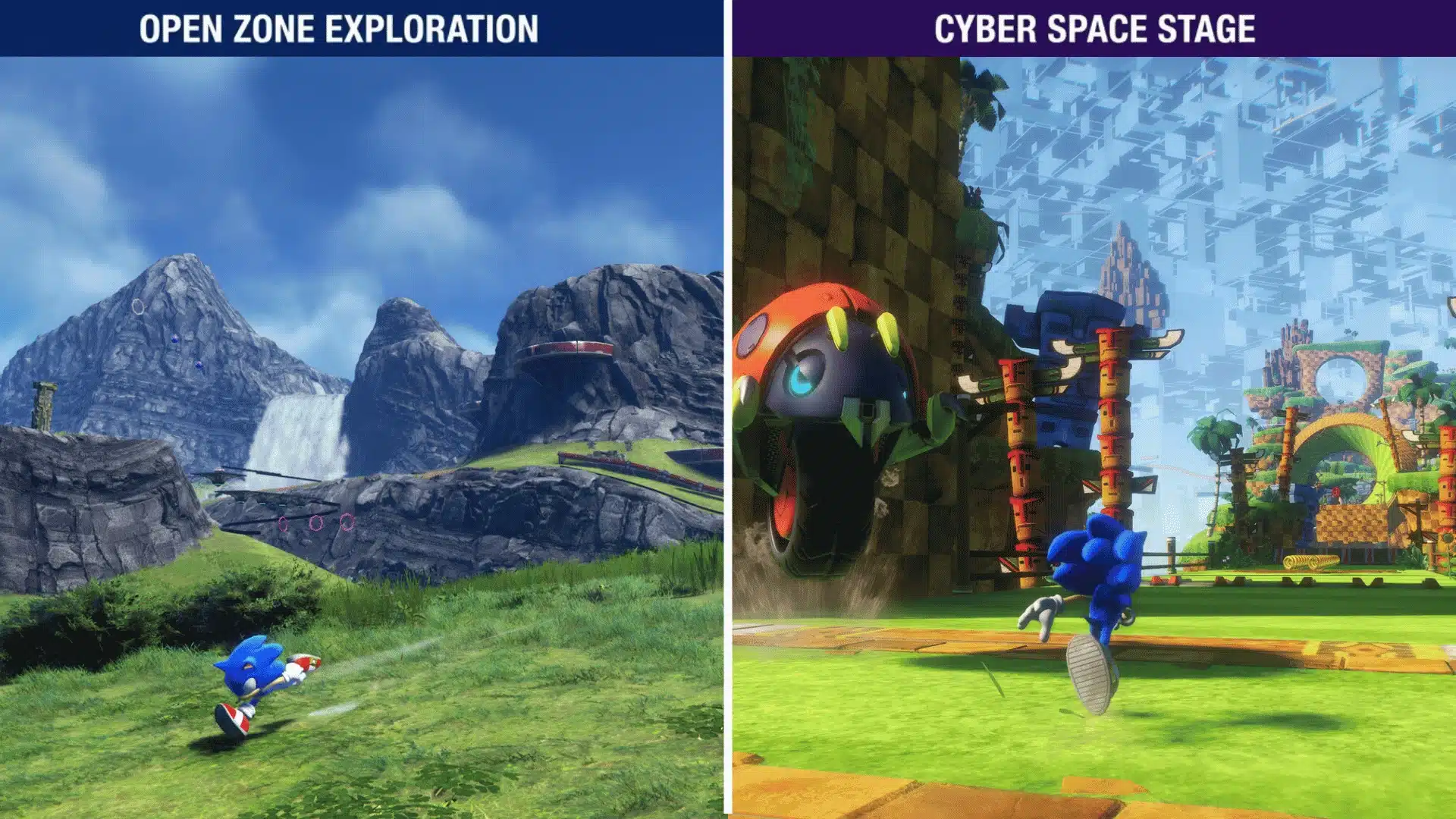 Sonic Frontiers comparison showing open-zone exploration beside a linear Cyber Space stage with contrasting level design.
