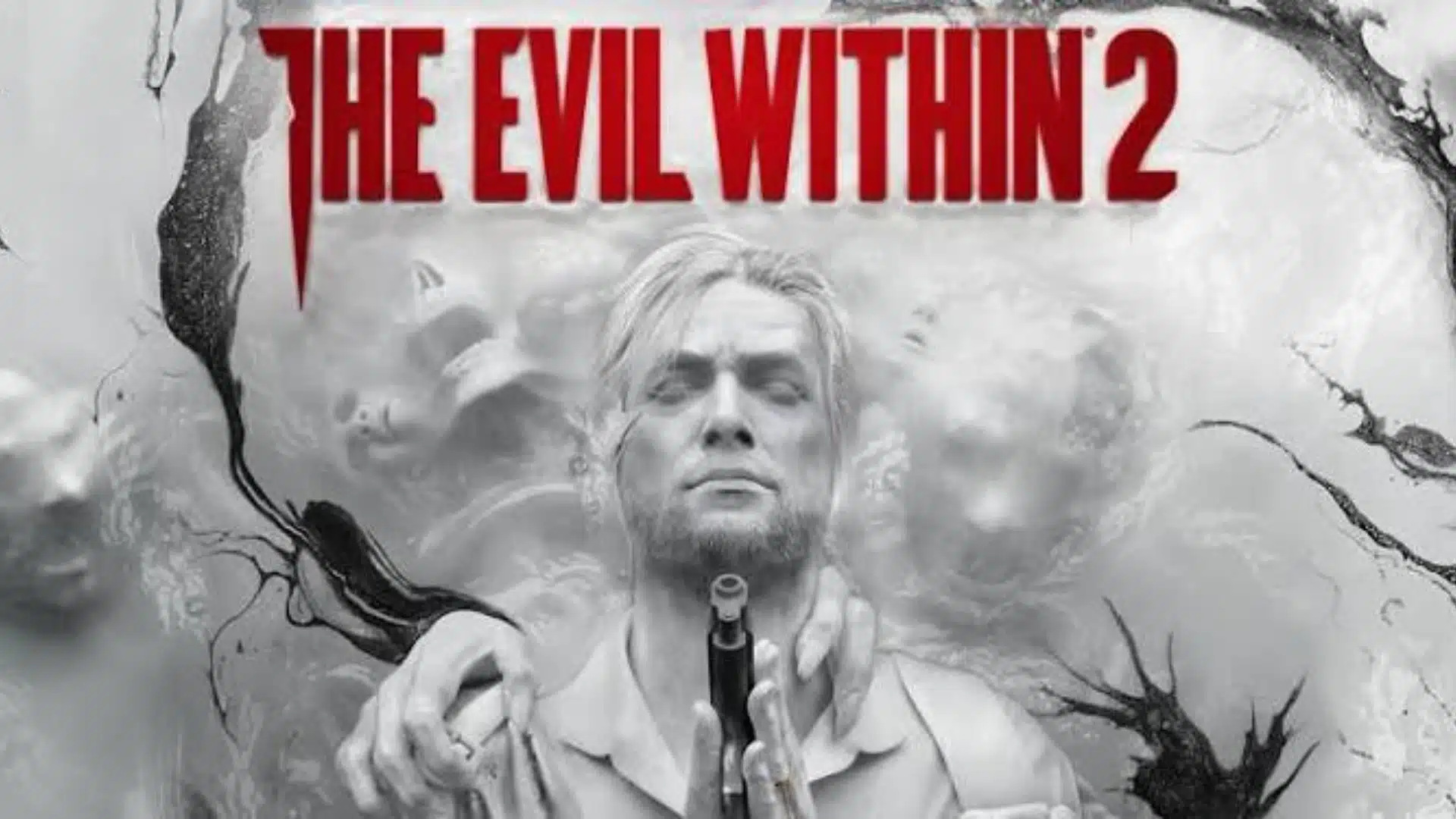 The Evil Within 2 cover showing Sebastian Castellanos holding a handgun against a distorted white surreal horror background.