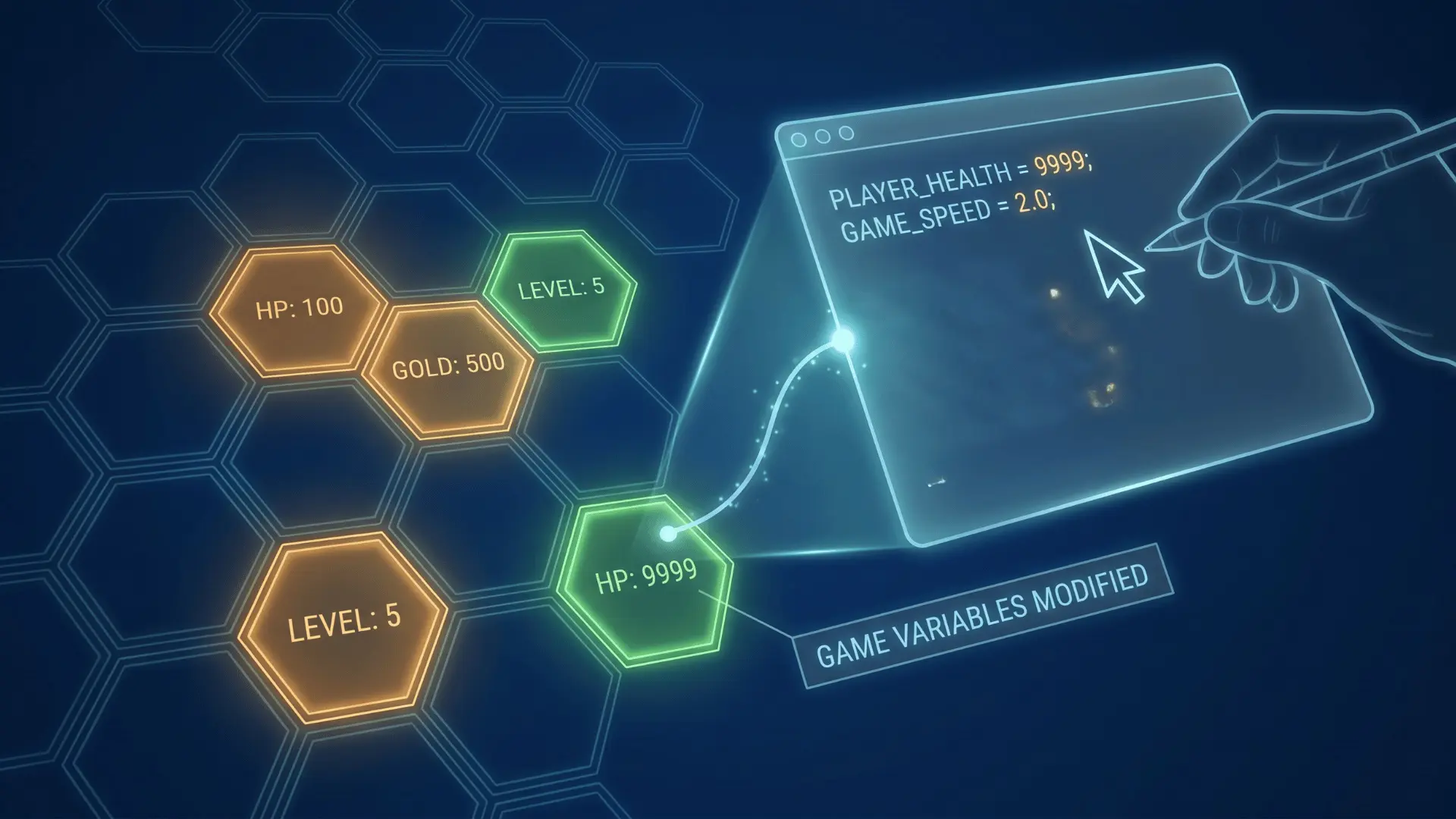 Digital memory grid with highlighted values showing how in-game variables can be manipulated.