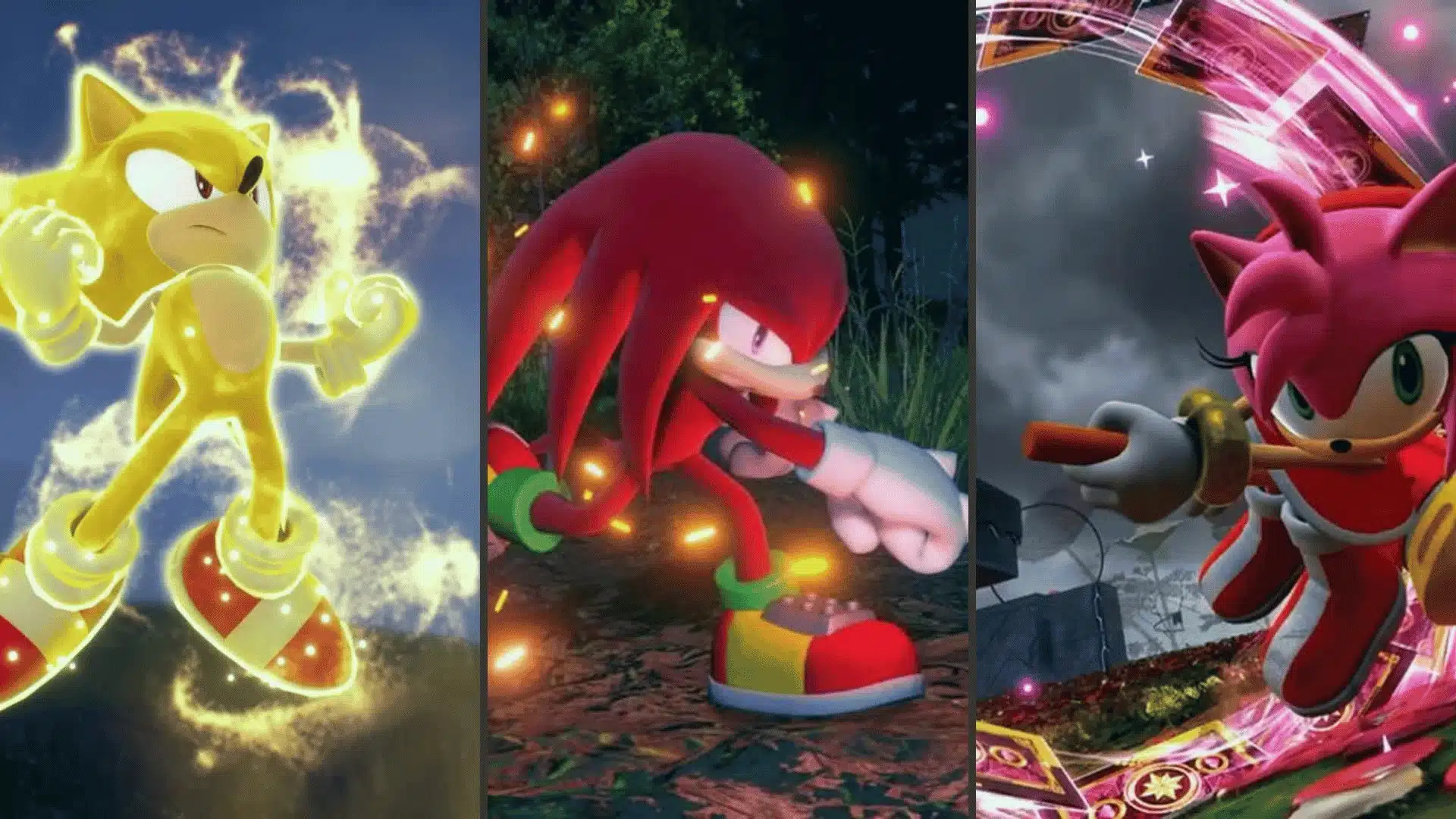 Super Sonic, Knuckles, and Amy showcased in Sonic Frontiers Final Horizon DLC with distinct combat and traversal abilities.