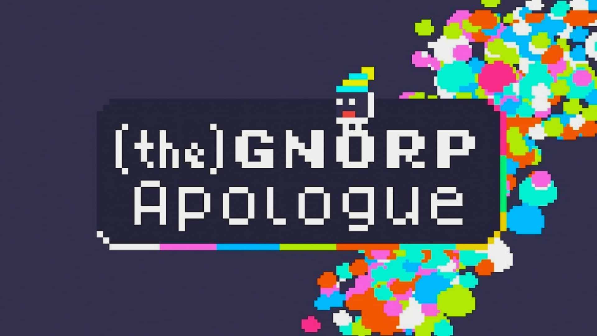 The Gnorp Apologue game logo with pixel art graphics and colorful shapes around the title.