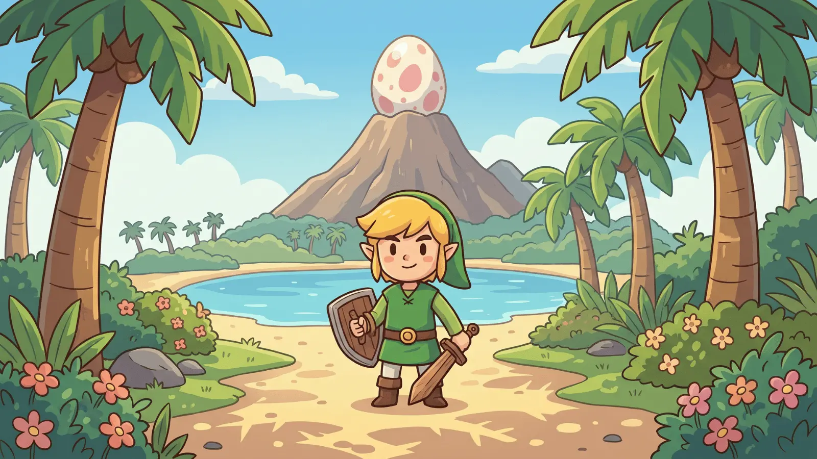 Link exploring island with dungeons and landscape features