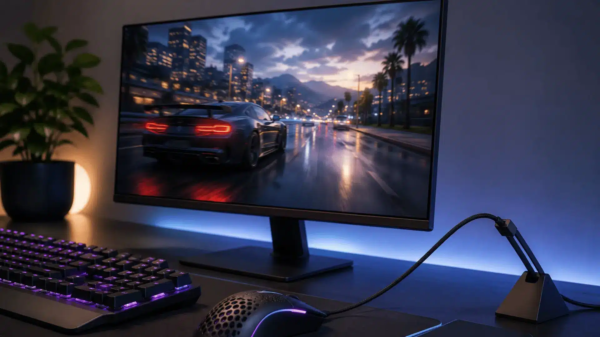 PC gaming setup showing a racing game on a monitor, a backlit mechanical keyboard, and a honeycomb gaming mouse.