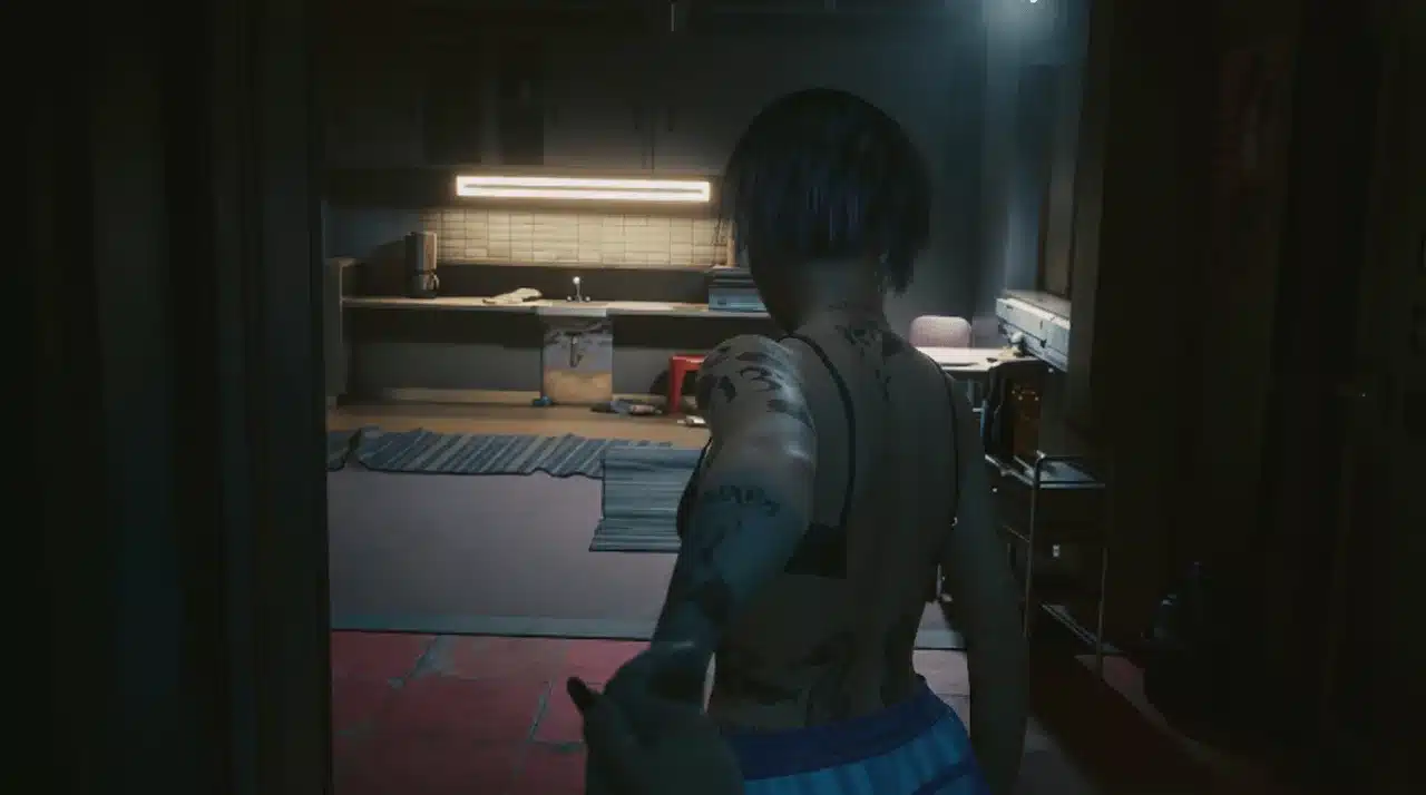Judy Alvarez standing inside the lakeside bungalow the morning after the Pyramid Song romance scene in Cyberpunk 2077