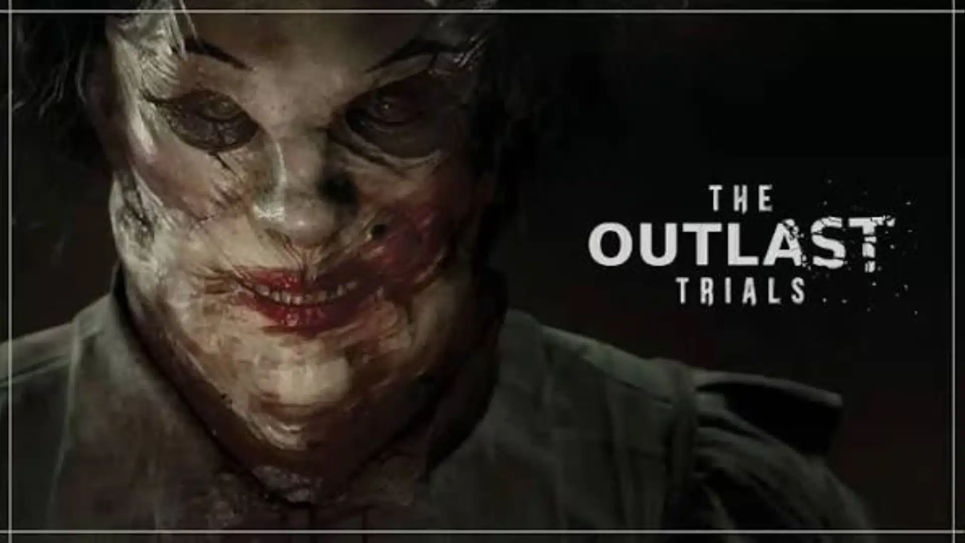 The Outlast Trials cover showing a distorted, bloodied face in close-up with title on the right.