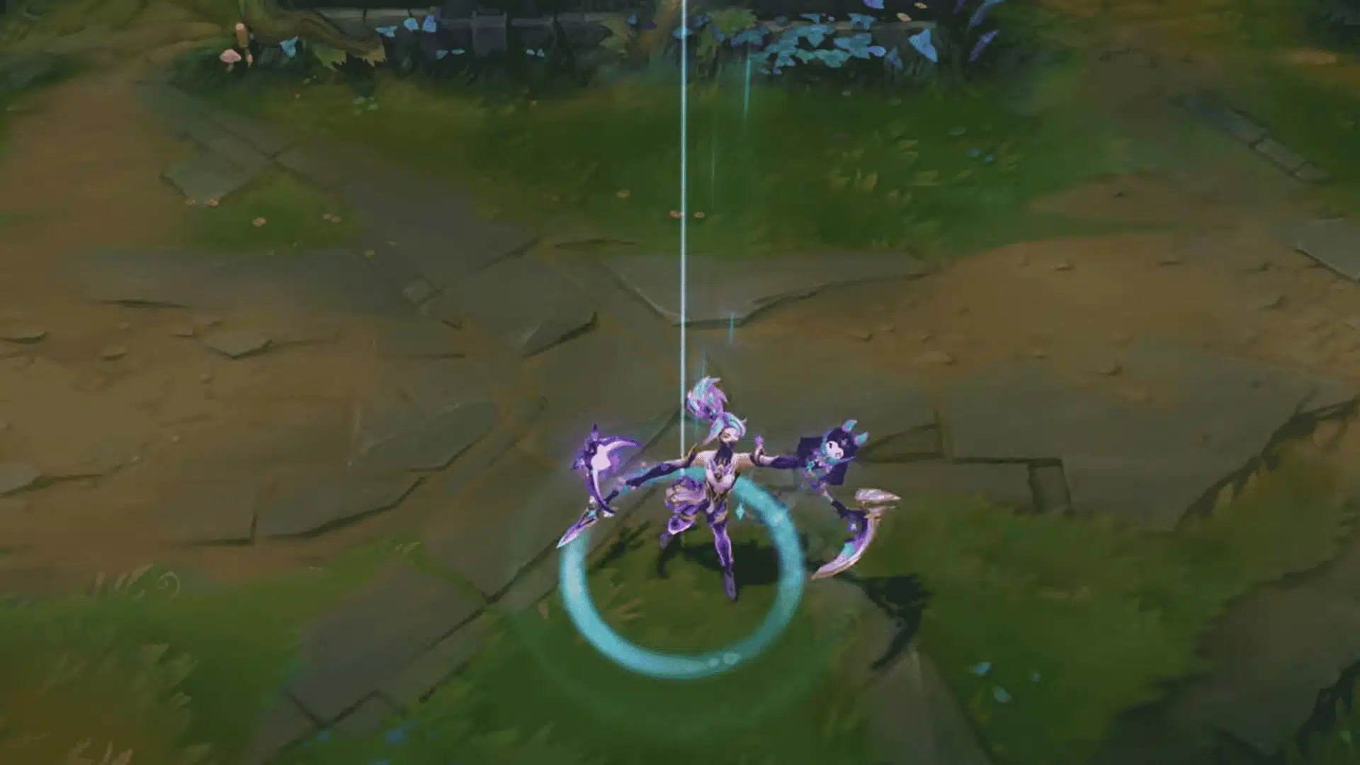 Character stands in a swirling purple cosmic field with a floating spirit companion on a stone battlefield.