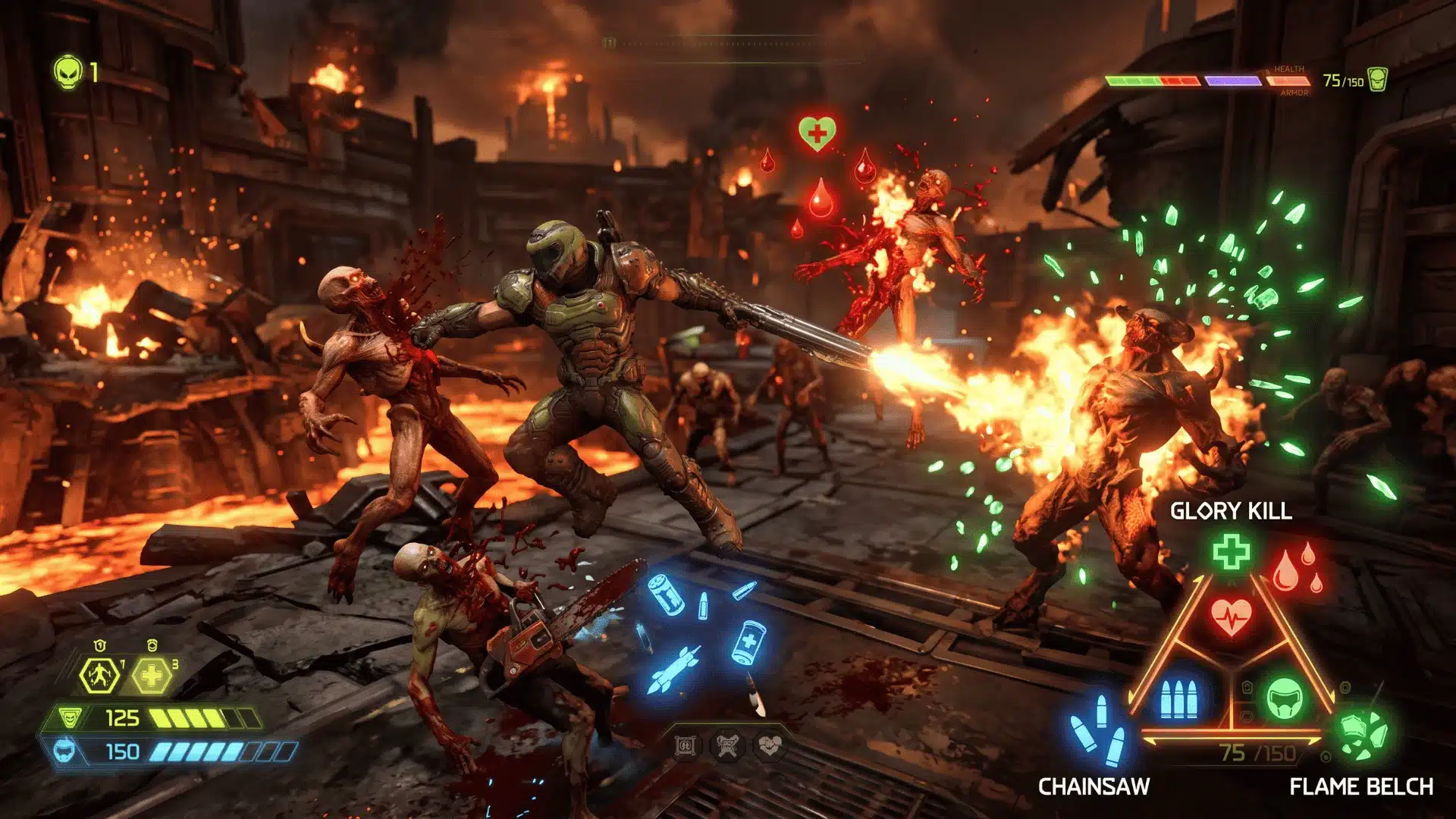 DOOM Eternal gameplay showing the Doom Slayer fighting demons with chainsaw, flame belch, and glory kill mechanics visible.