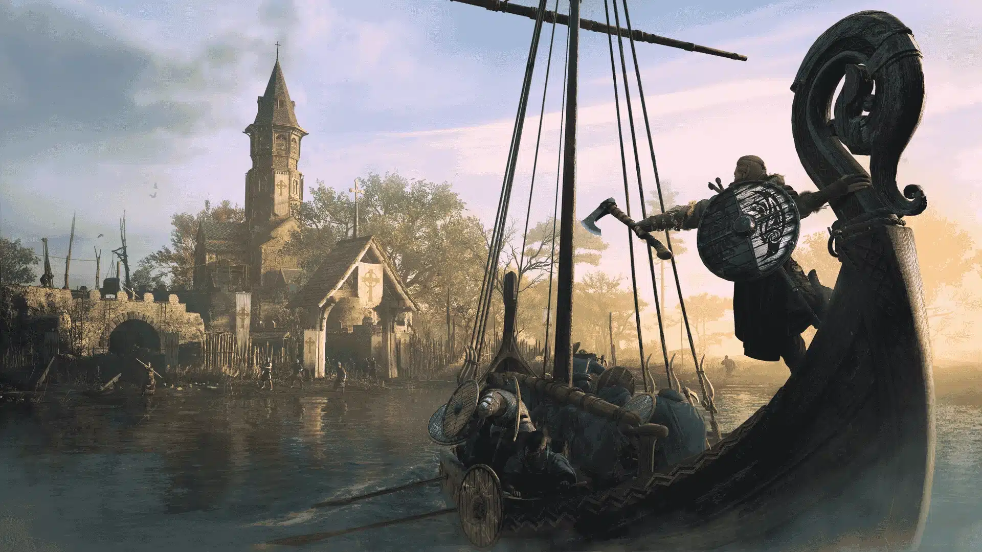 A Viking longship approaches a riverbank settlement with a prominent church tower during dawn.