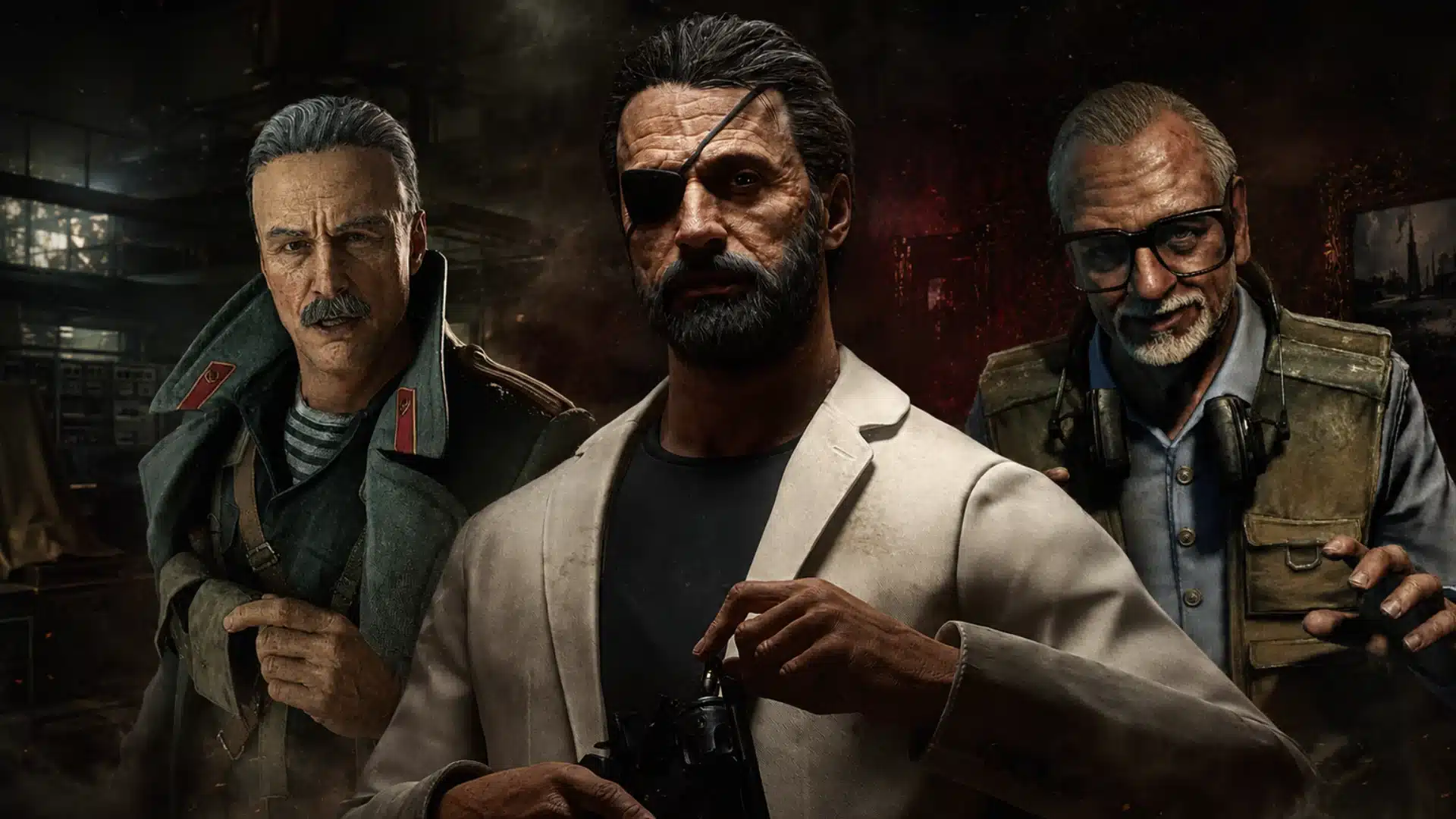 Three Call of Duty antagonist characters standing together, including one with an eyepatch and suit.
