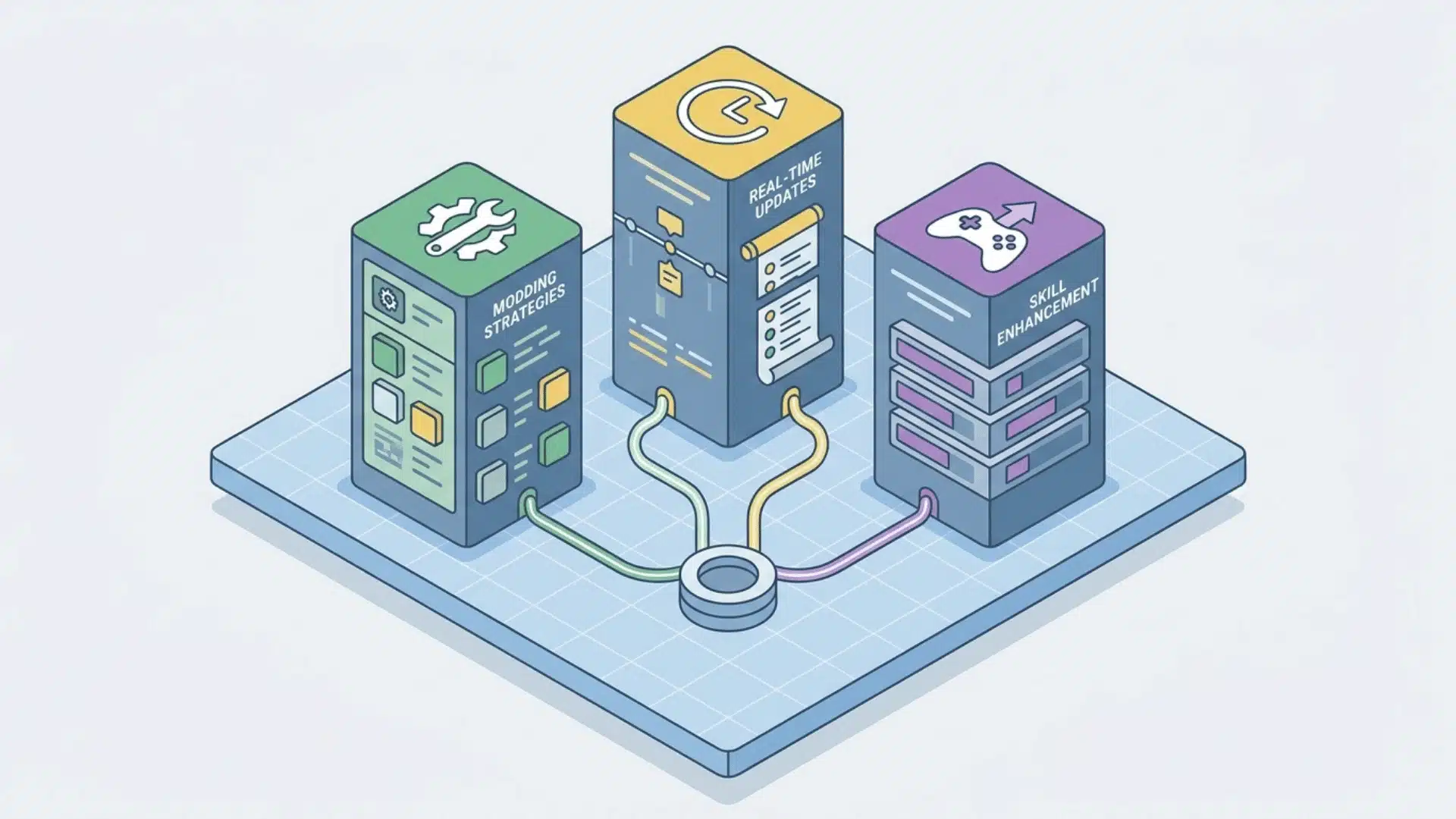 Three connected data blocks on a grid platform linked to a central node