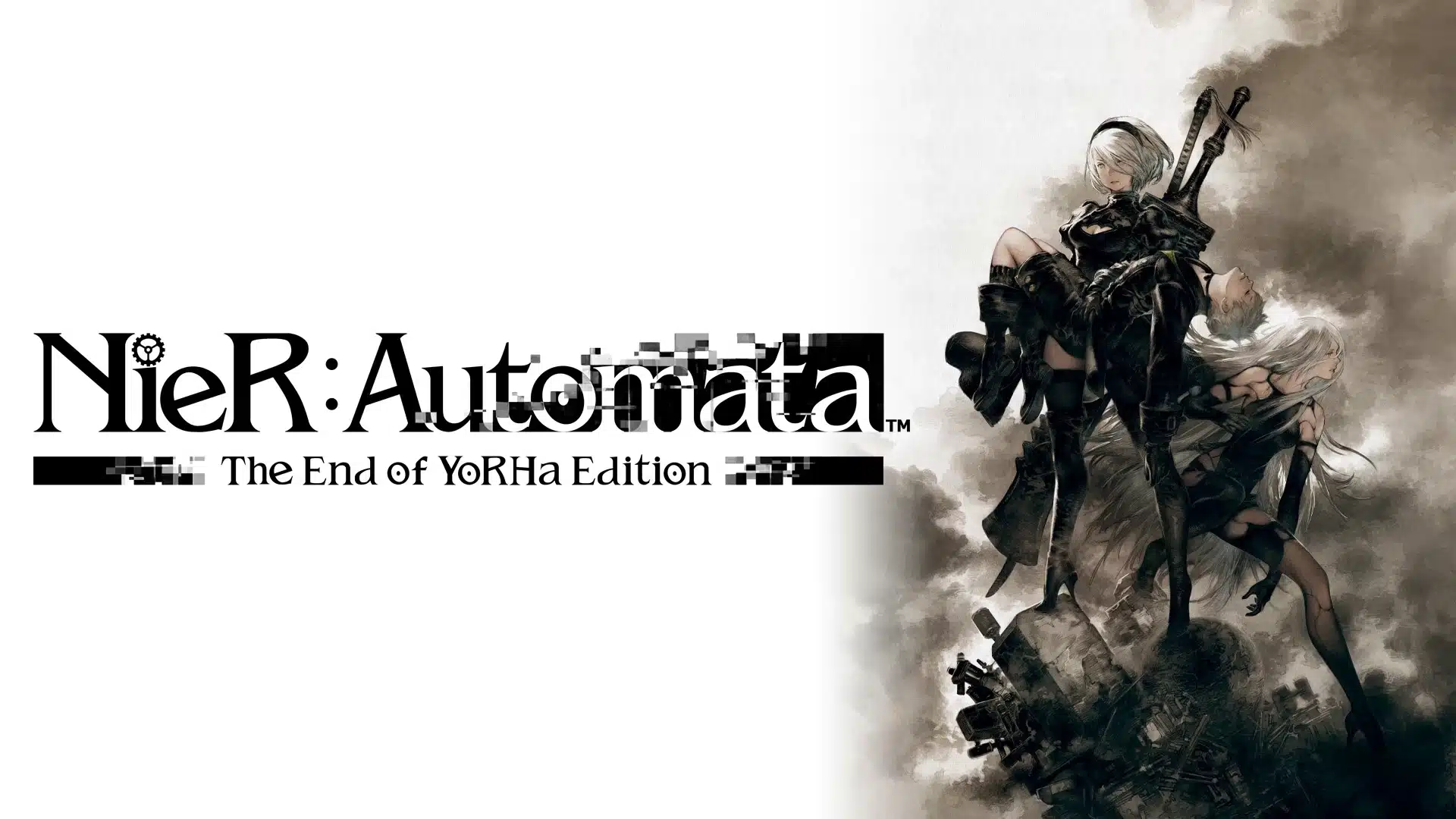 Three gothic-styled android warriors standing together on a mound of mechanical debris.
