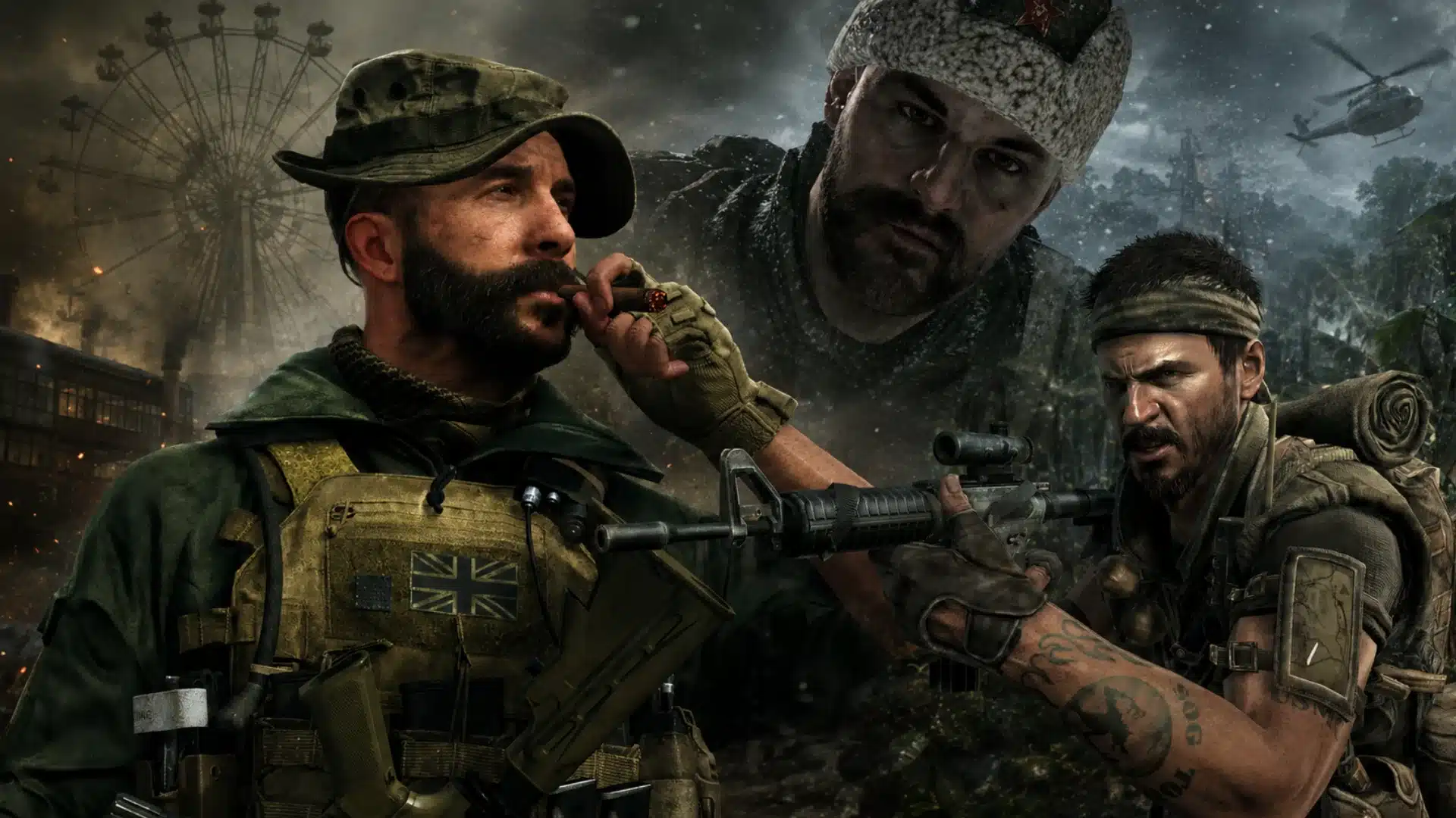 Three rugged soldiers in a cinematic military collage across snow, jungle, and ruins