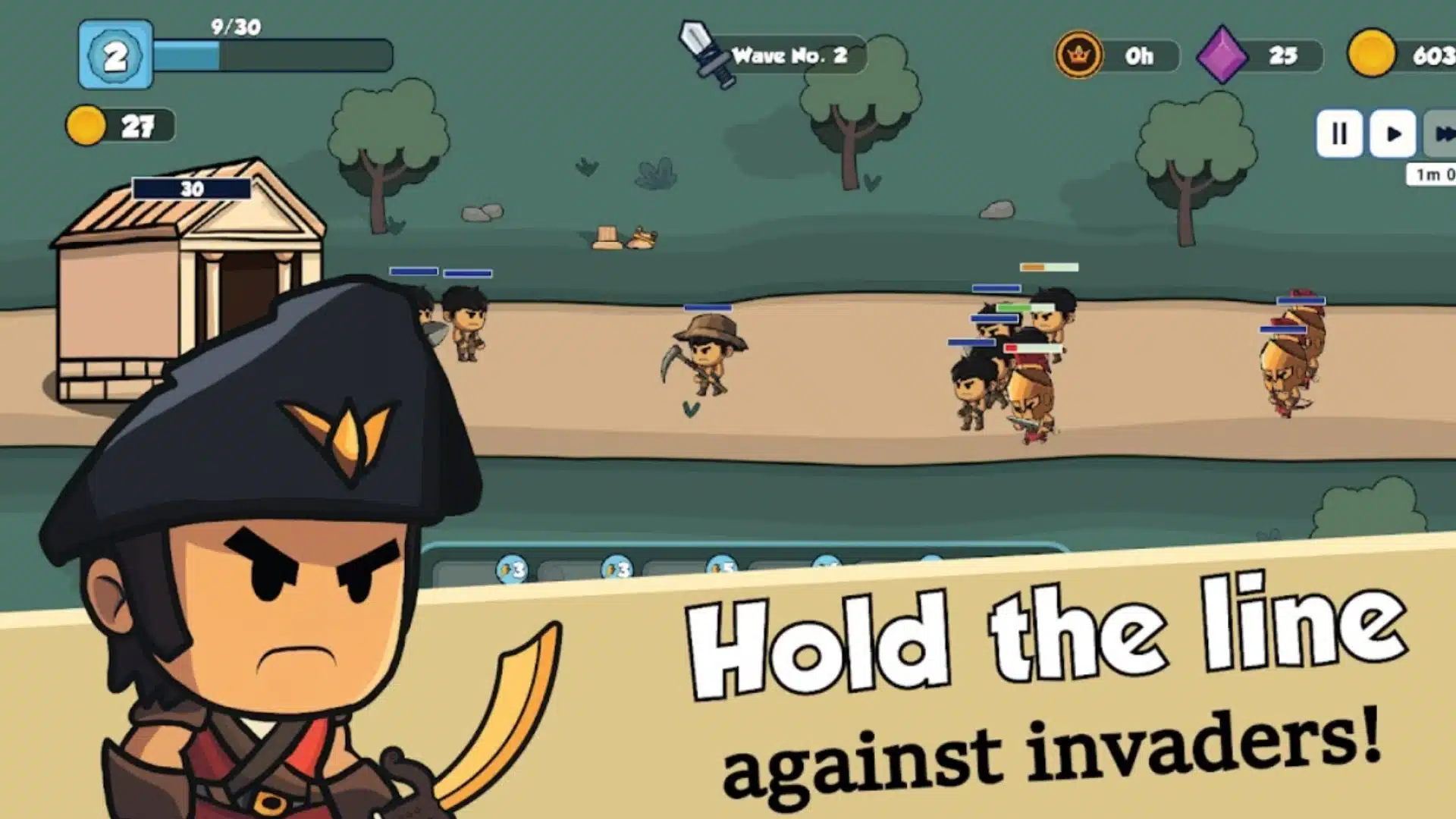 TimeWarriors gameplay showing defenders holding the line against waves of invading troops