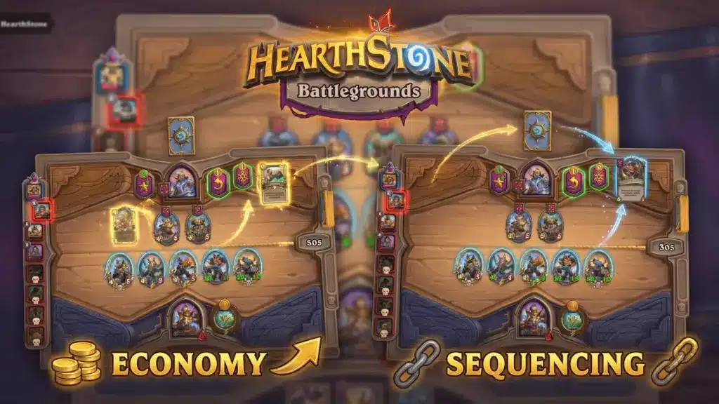 Top-down view of a Hearthstone match with logo and economy and sequencing shown.