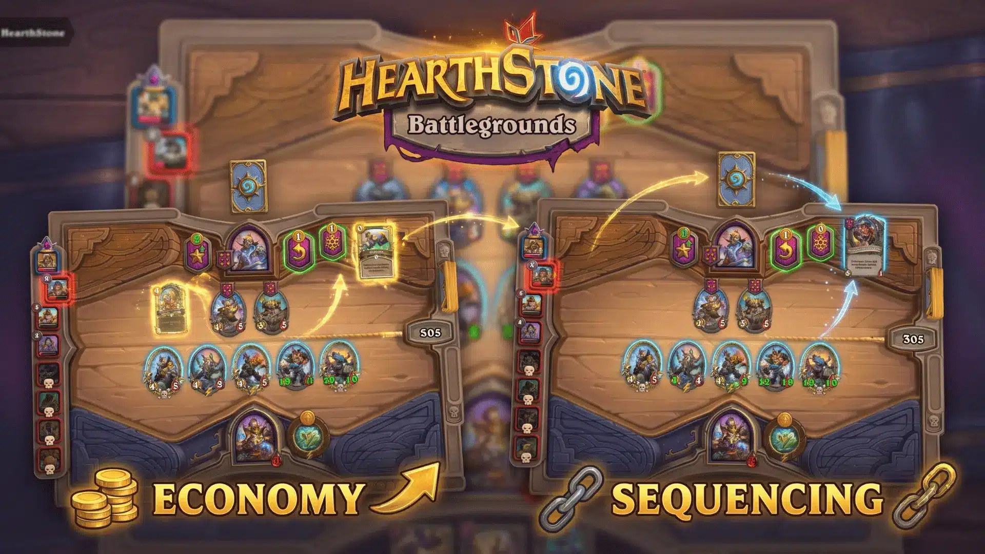 Top-down view of a Hearthstone match with logo and economy and sequencing shown.