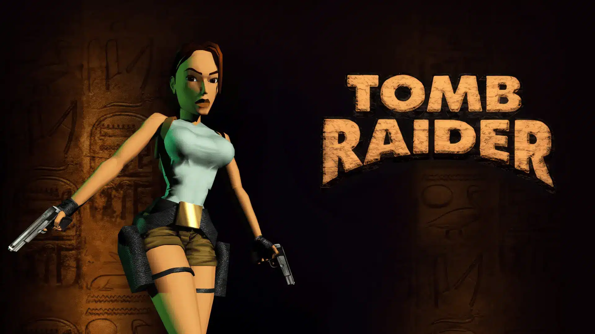 Tomb Raider artwork featuring Lara Croft with dual pistols against an ancient Egyptian-themed background.