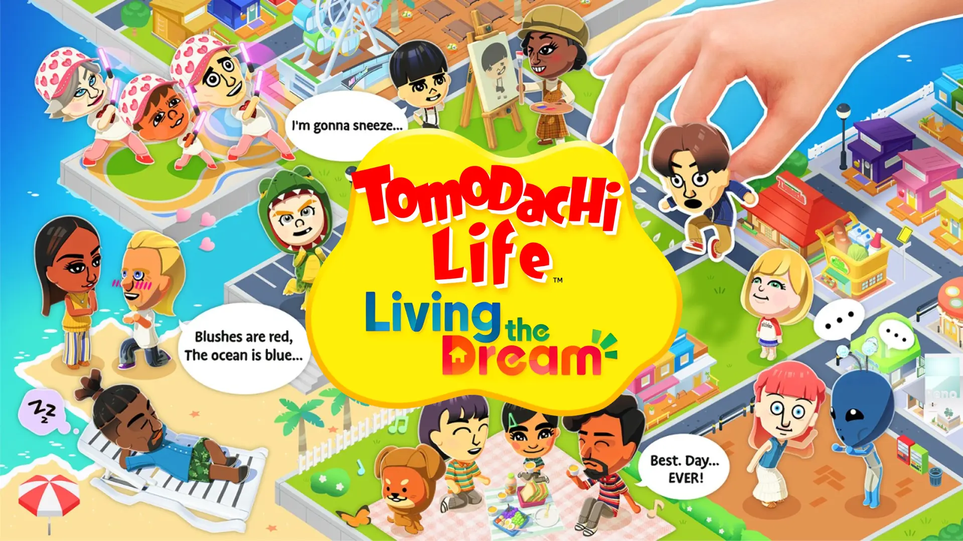 Tomodachi Life: Living the Dream cover art showing Miis, island activities, and colorful cartoon scenes.