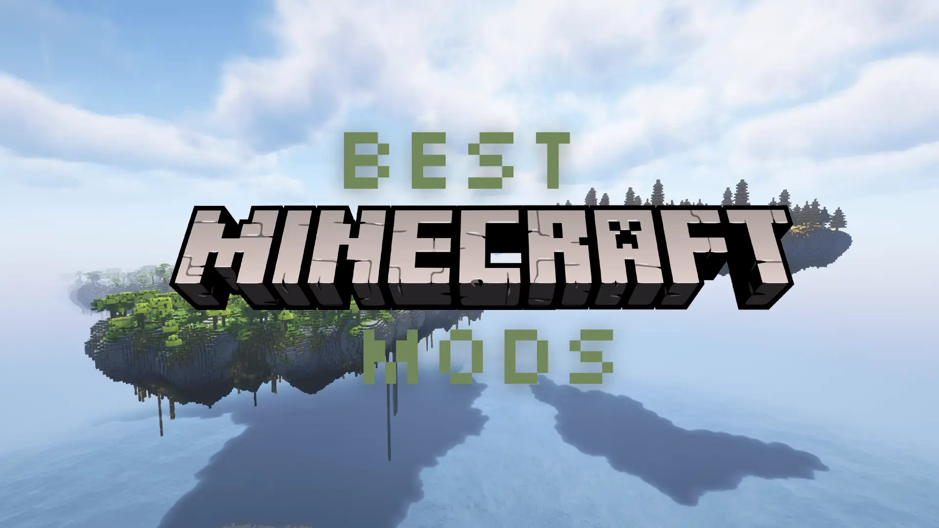 Minecraft mods article cover showing the Minecraft logo over a floating island landscape