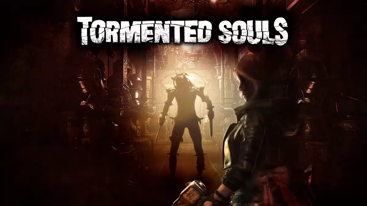 Tormented Souls game artwork showing a character facing a shadowy monster in a dark room.