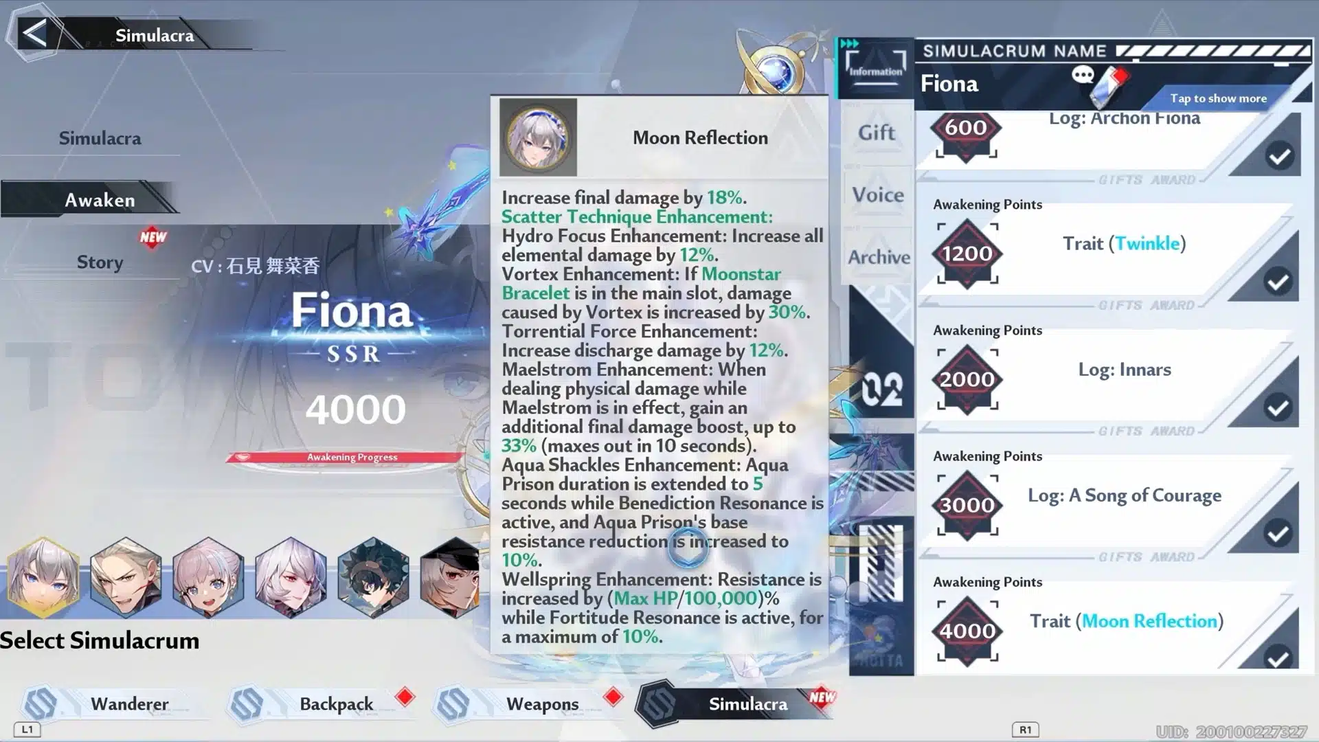 Tower of Fantasy menu showing Fiona's 4000-point awakening trait details for Moon Reflection with stat boosts and skill enhancements.