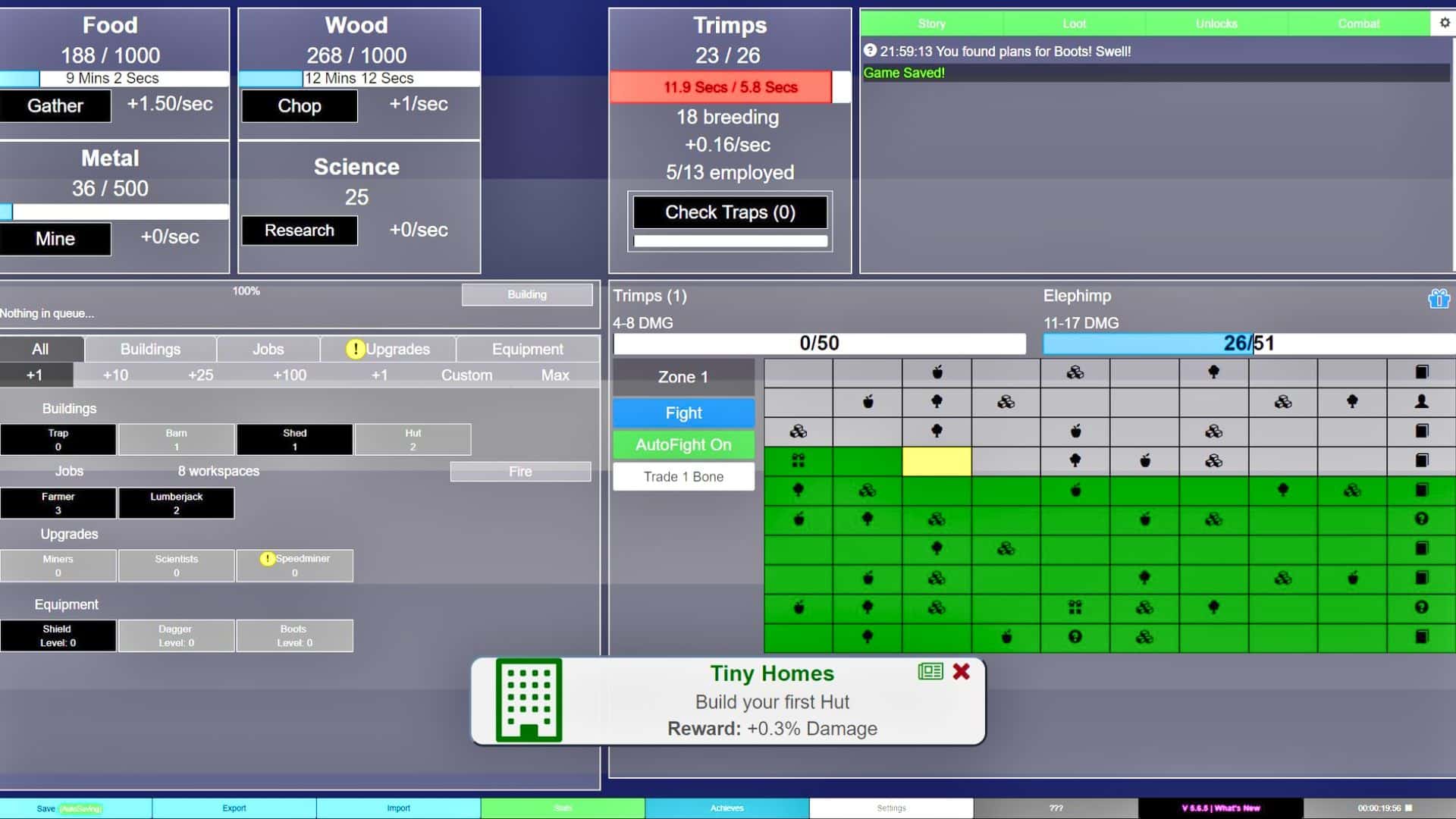 Trimps game interface showing resources, upgrades, buildings, jobs, and combat progression.