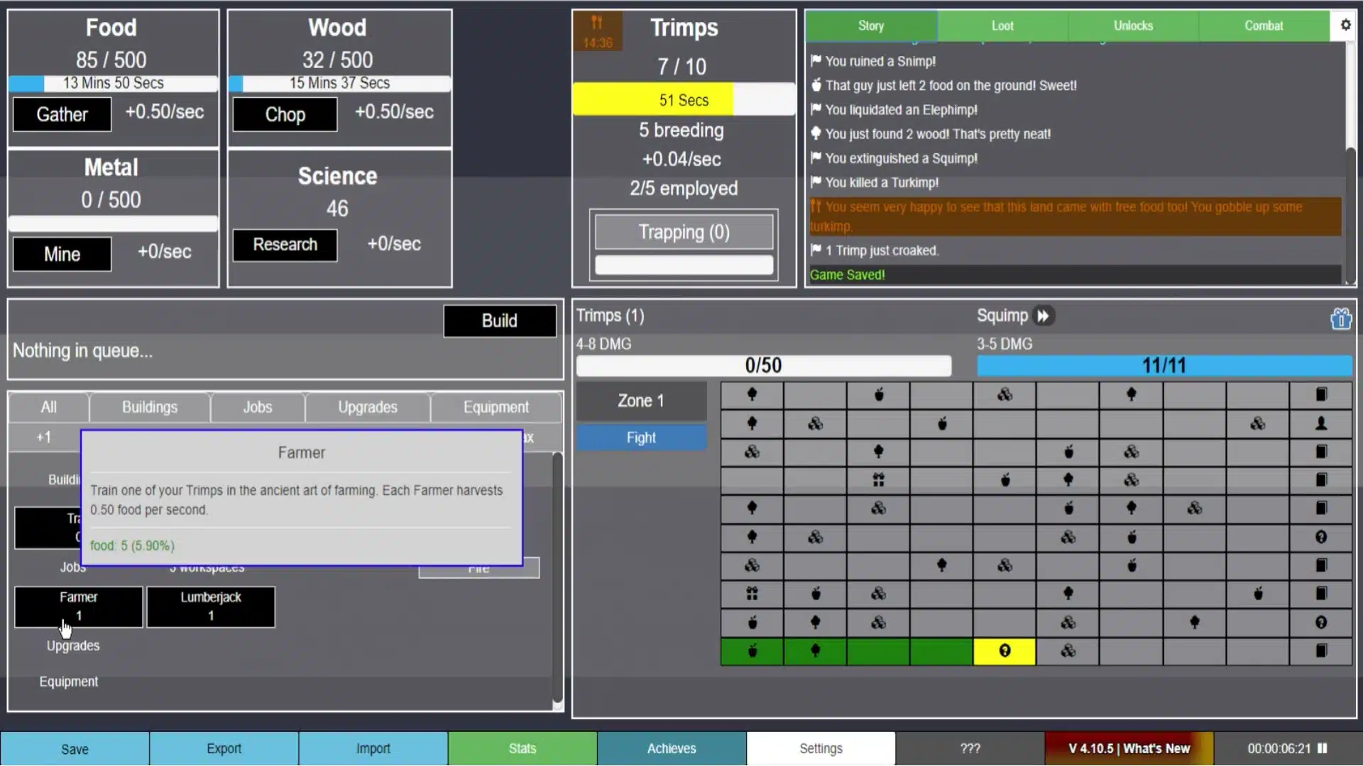 Trimps gameplay showing resource gathering, breeding, jobs, upgrades, and Zone 1 combat