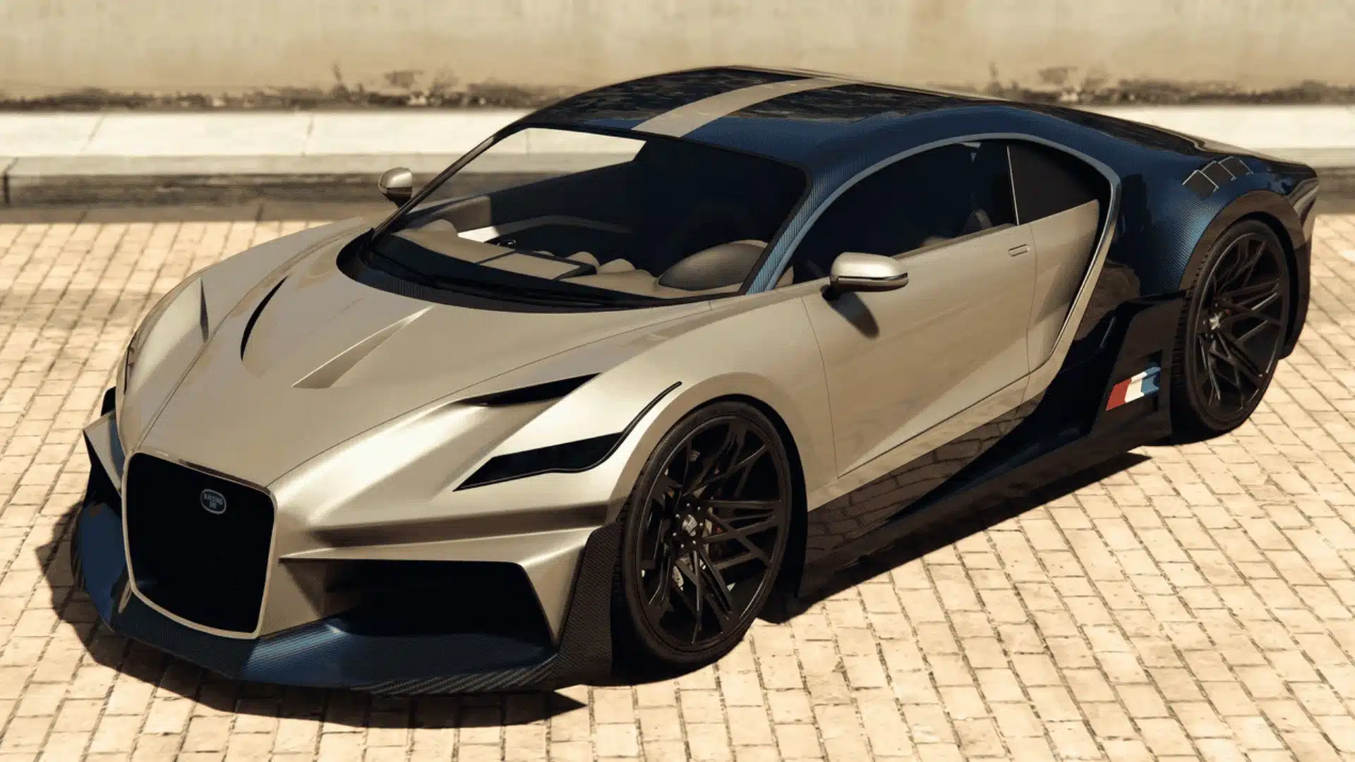 Silver and blue Truffade Thrax with black wheels parked on a paved plaza in GTA Online.