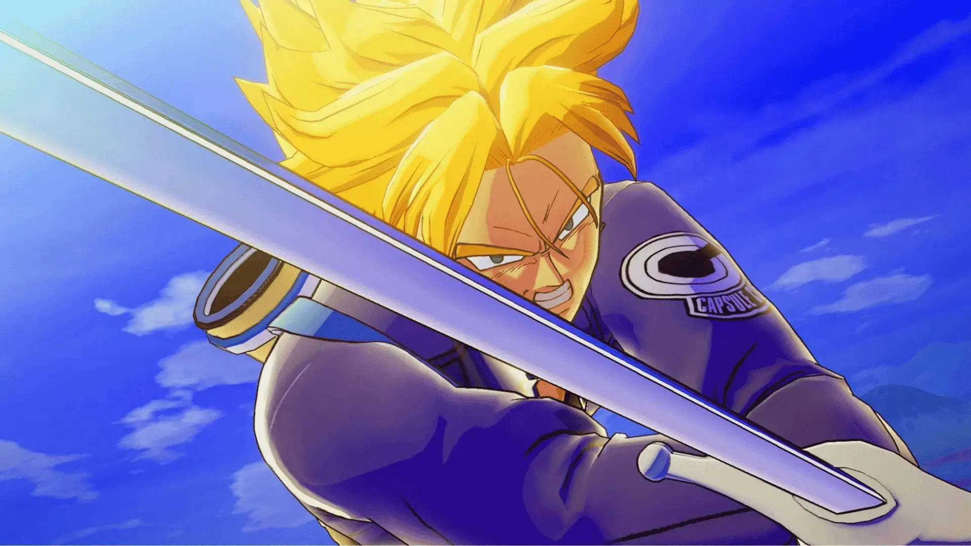 Super Saiyan Trunks holding his sword during a Dragon Ball Z: Kakarot character scene.
