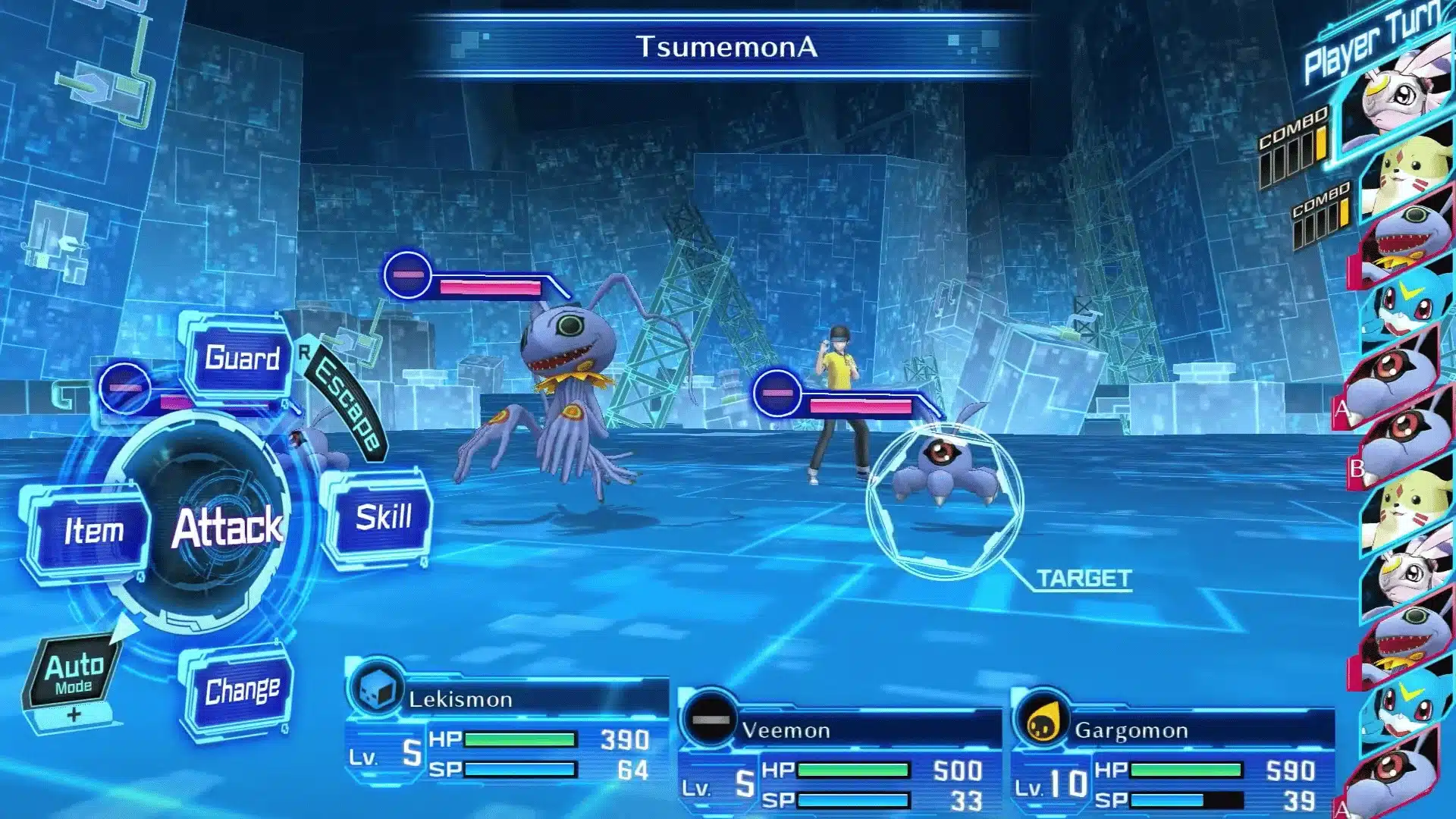 Turn-based battle screen shows Digimon fighting in a blue virtual arena with attack and skill menus.