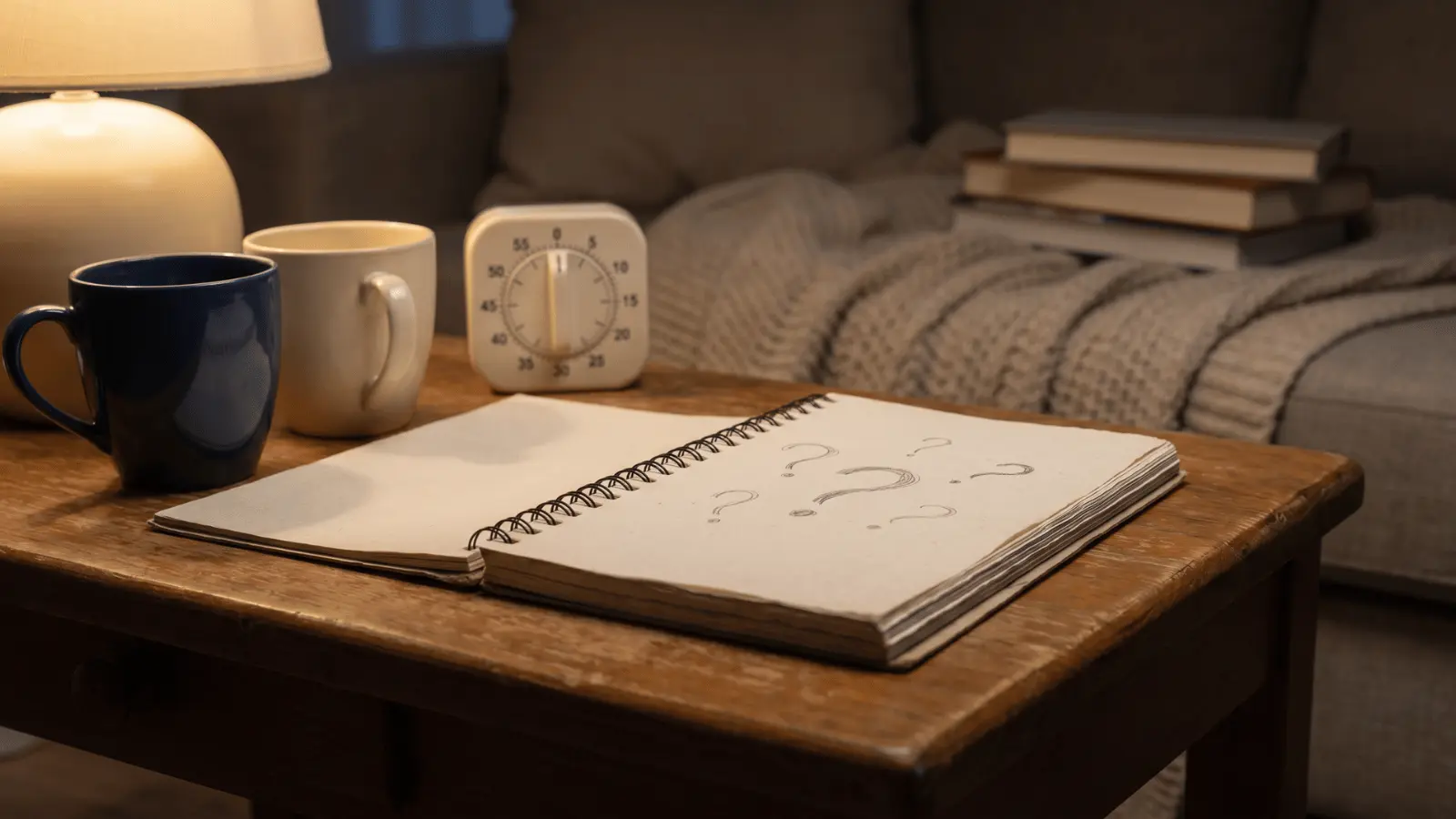 Notebook, mugs, and timer on a small table
