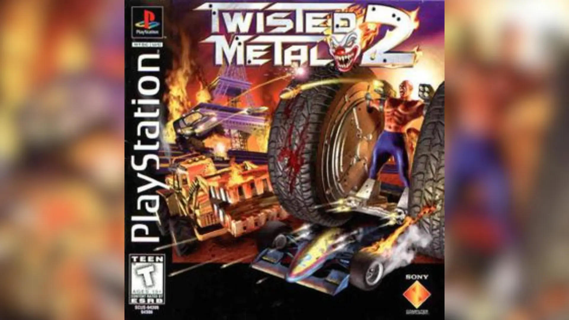 Cover art of Twisted Metal 2 for the original PlayStation, featuring vehicles and Axel.