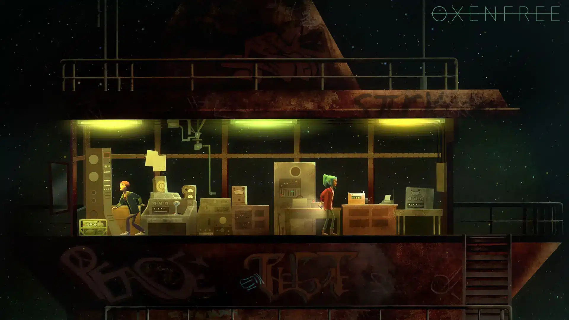 Two characters inside a dim radio station filled with old equipment in Oxenfree.