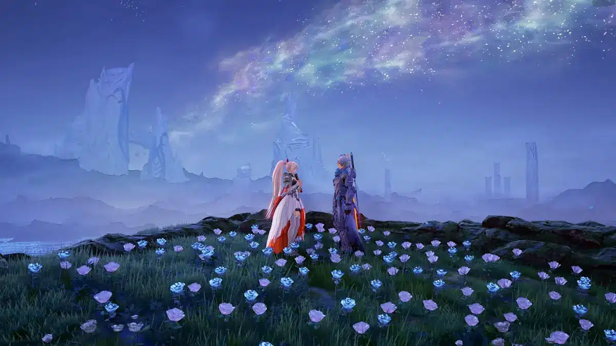 Two fantasy game characters stand in a glowing flower field at dusk, gazing up at a starry sky with a vivid aurora-like nebula, ancient ruined structures visible in the misty background.
