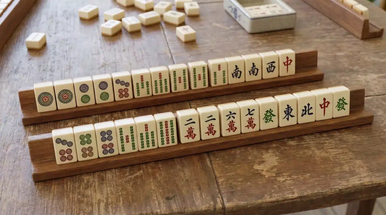 Two mahjong racks on a table each displaying a complete set of winning tiles arranged in finished groups
